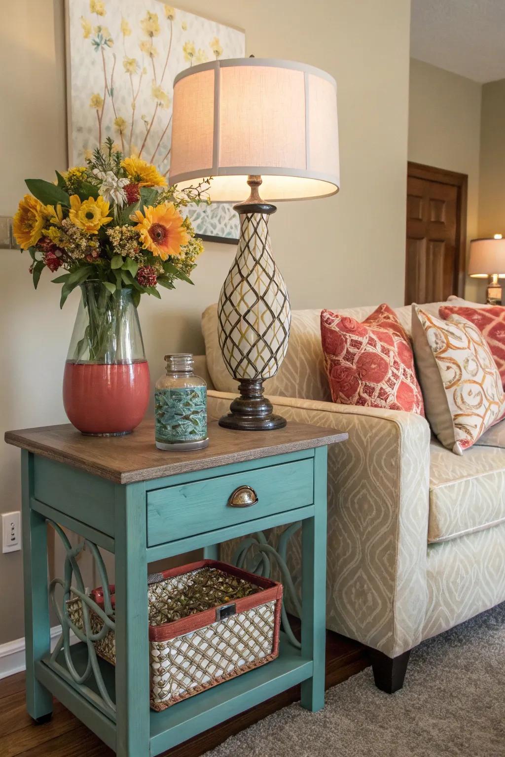 A color-coordinated side table blends seamlessly into the living room's palette.