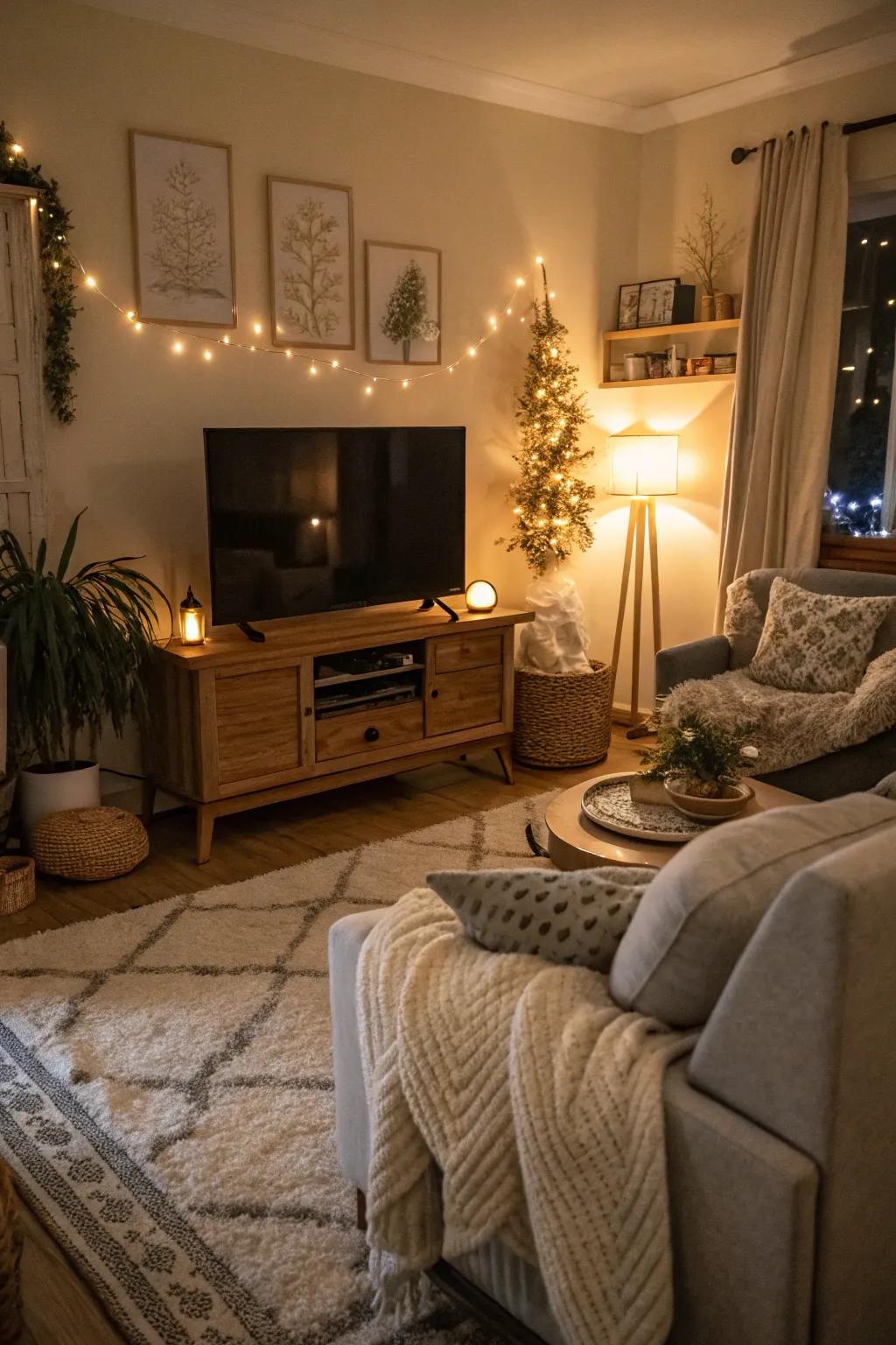 Ambient lighting enhances the cozy ambiance of this living room.