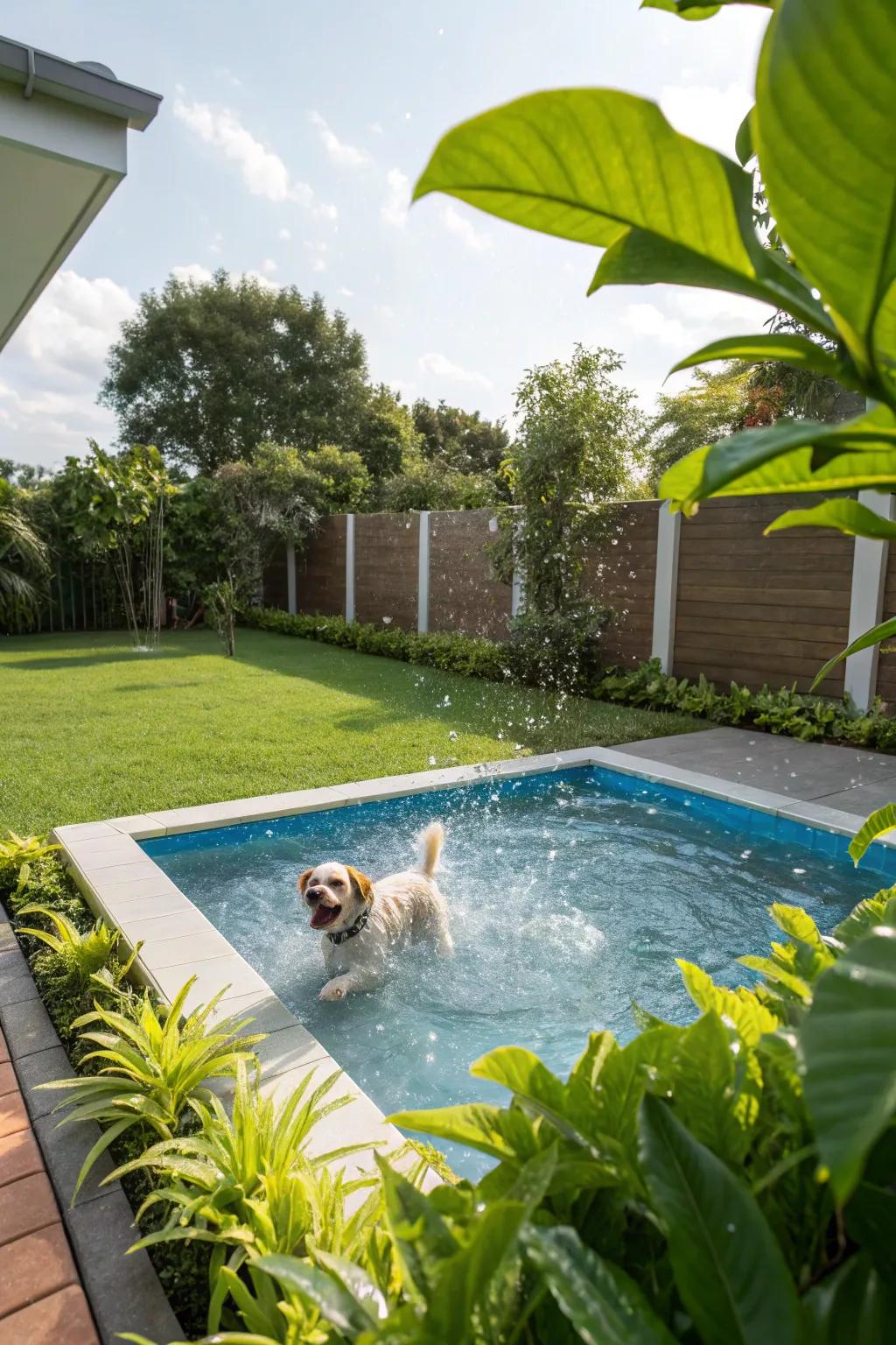 A playful splash pool set within a pet-friendly garden landscape.
