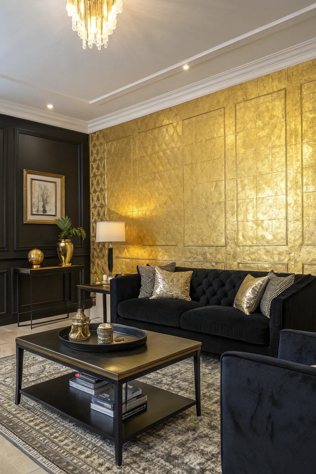 A stunning gold accent wall adding depth and richness.