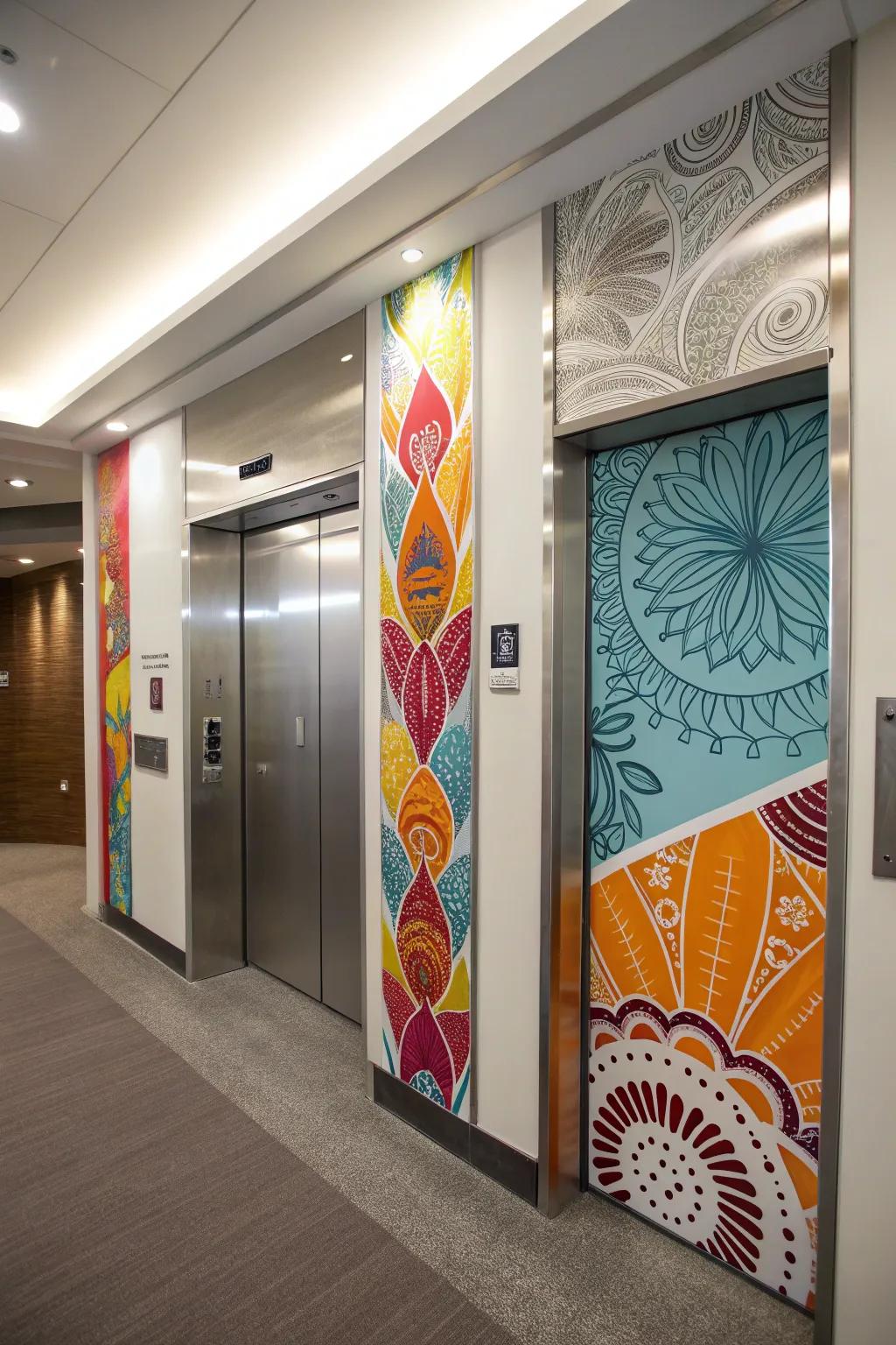 This elevator's interior gains a personal flair through artistic expression.