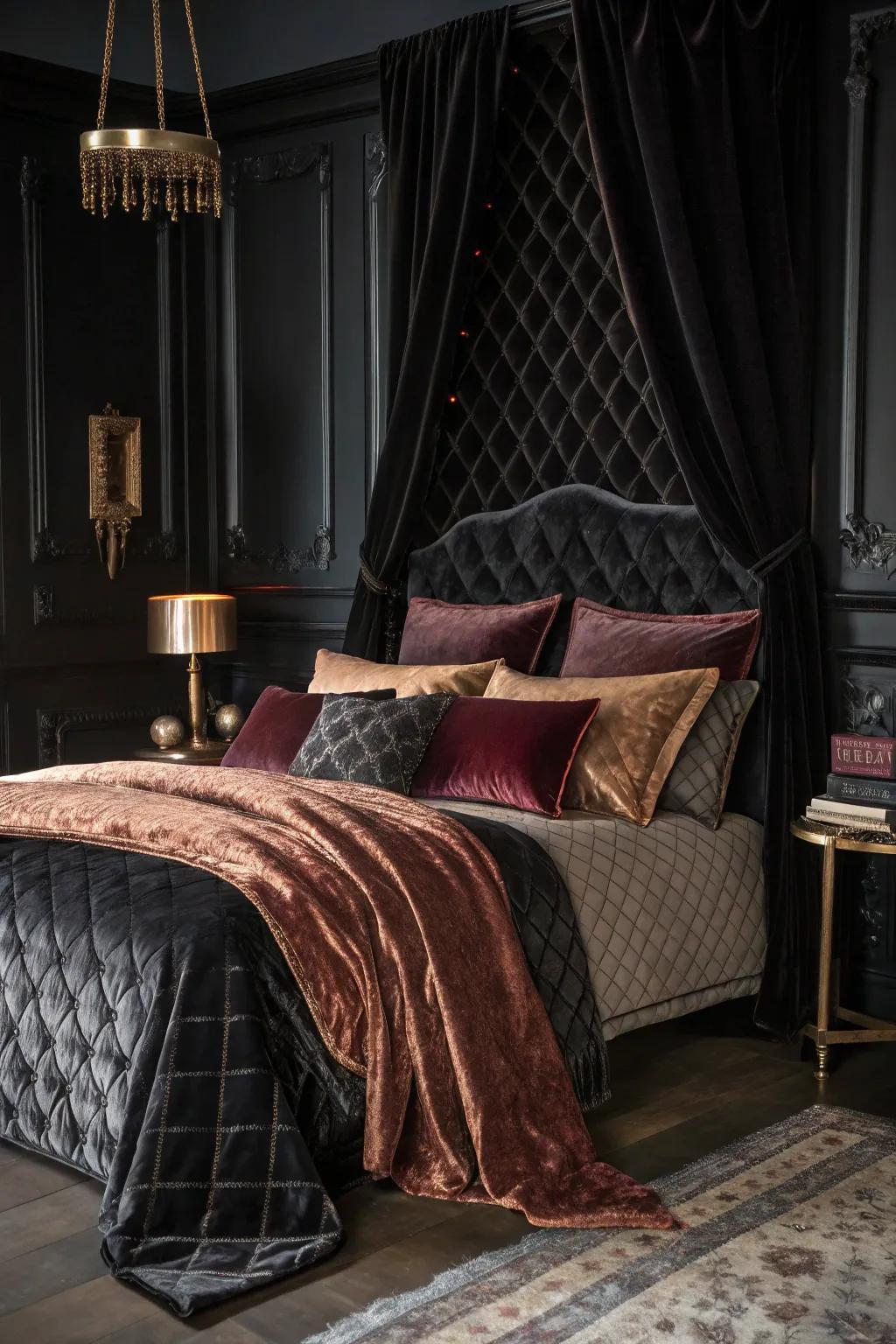 Plush velvet and smooth silk fabrics fashion a snug, inviting atmosphere in this obsidian bedroom.