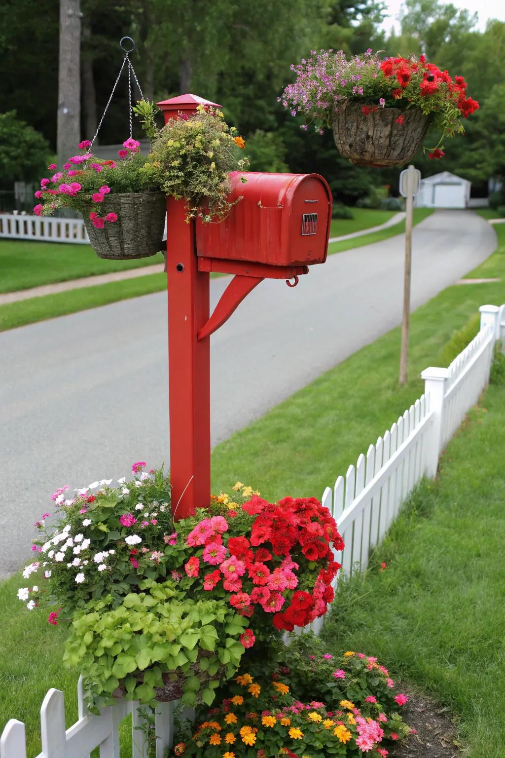 Hanging baskets introduce vertical intrigue and allure to your mailbox.