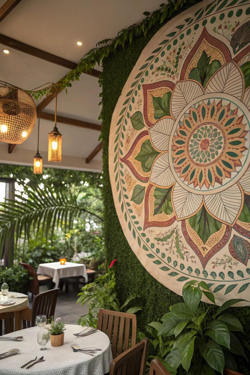 A circular motif design with floral and leaf patterns enhancing a dining area.