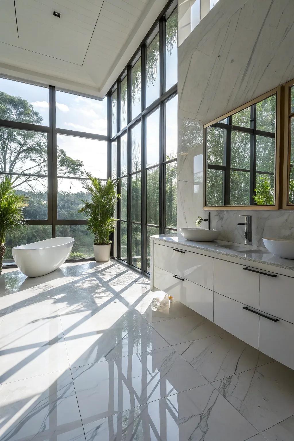 A bathroom bathed in natural light, highlighting the beauty of marble porcelain tiles.