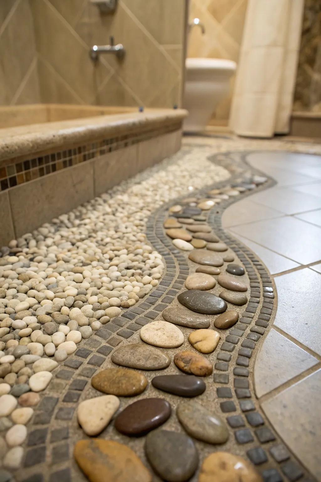 A shower floor incorporating pebble tiles to create a natural, serene feel.