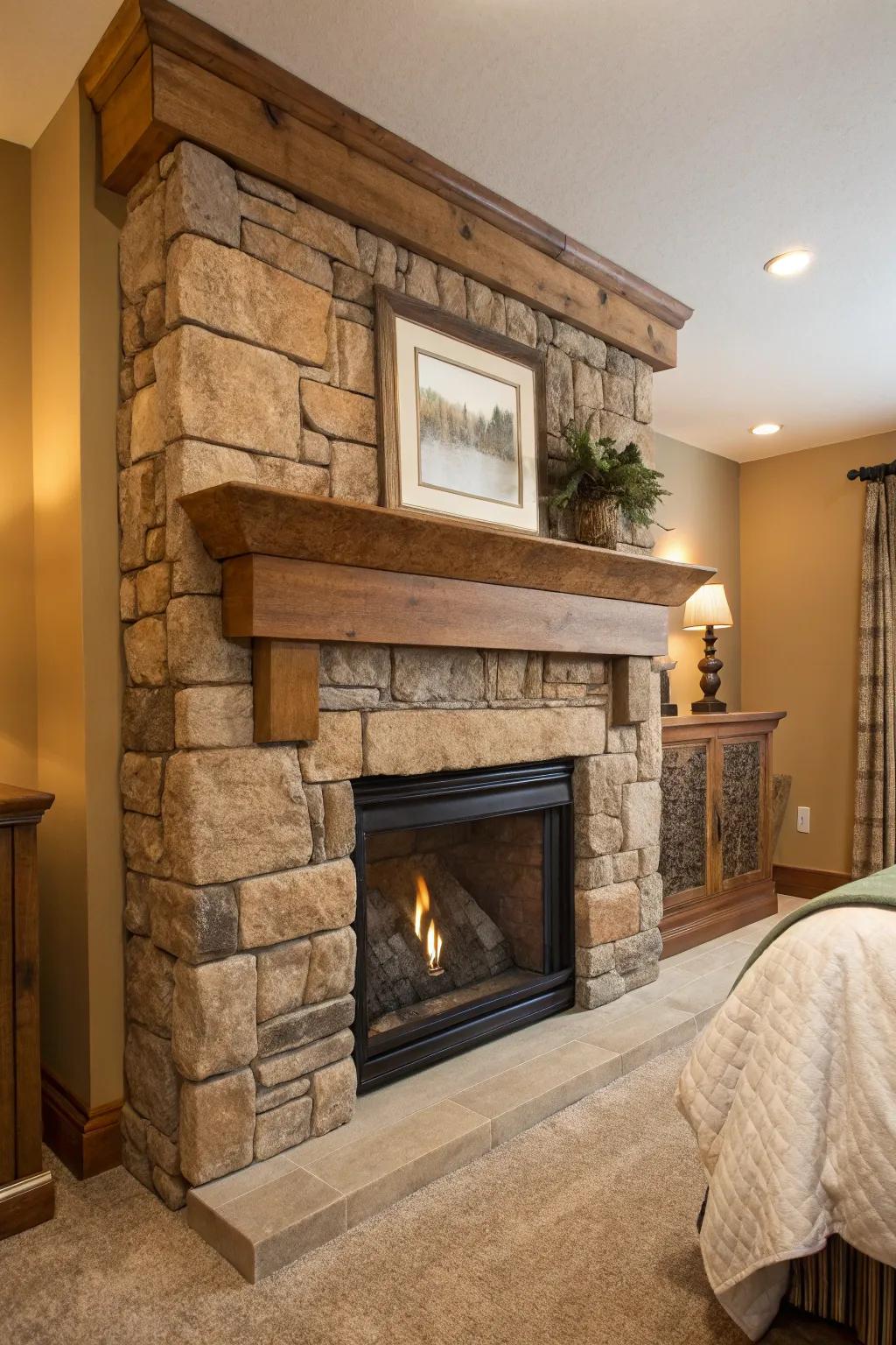 Natural materials such as wood and stone cultivate a serene environment.