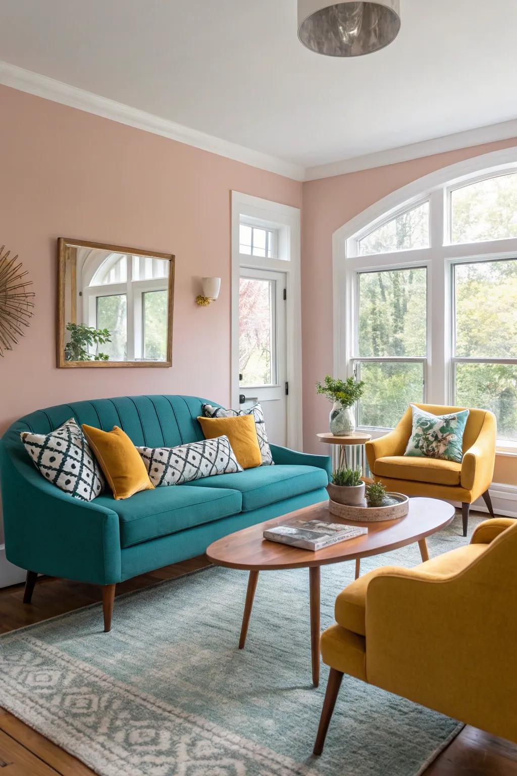 Bold color accents like teal and mustard add vibrancy to this mid-century modern space.