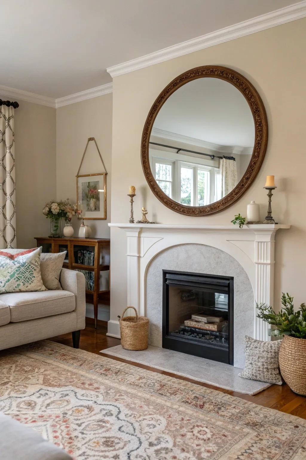 Round mirrors introduce softness and elegance above the fireplace.