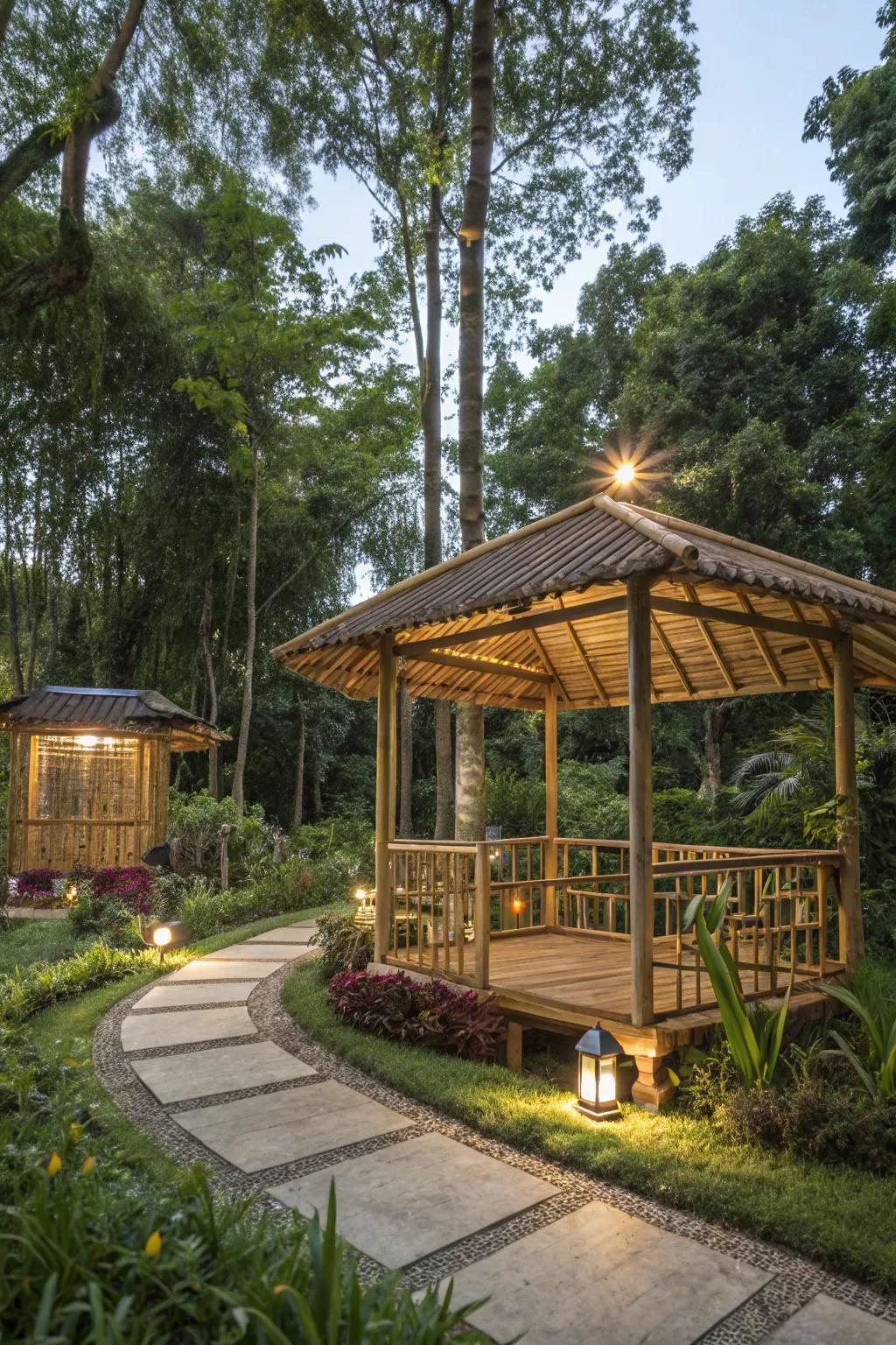 An eco-friendly bamboo gazebo offering a tranquil and sustainable outdoor space.