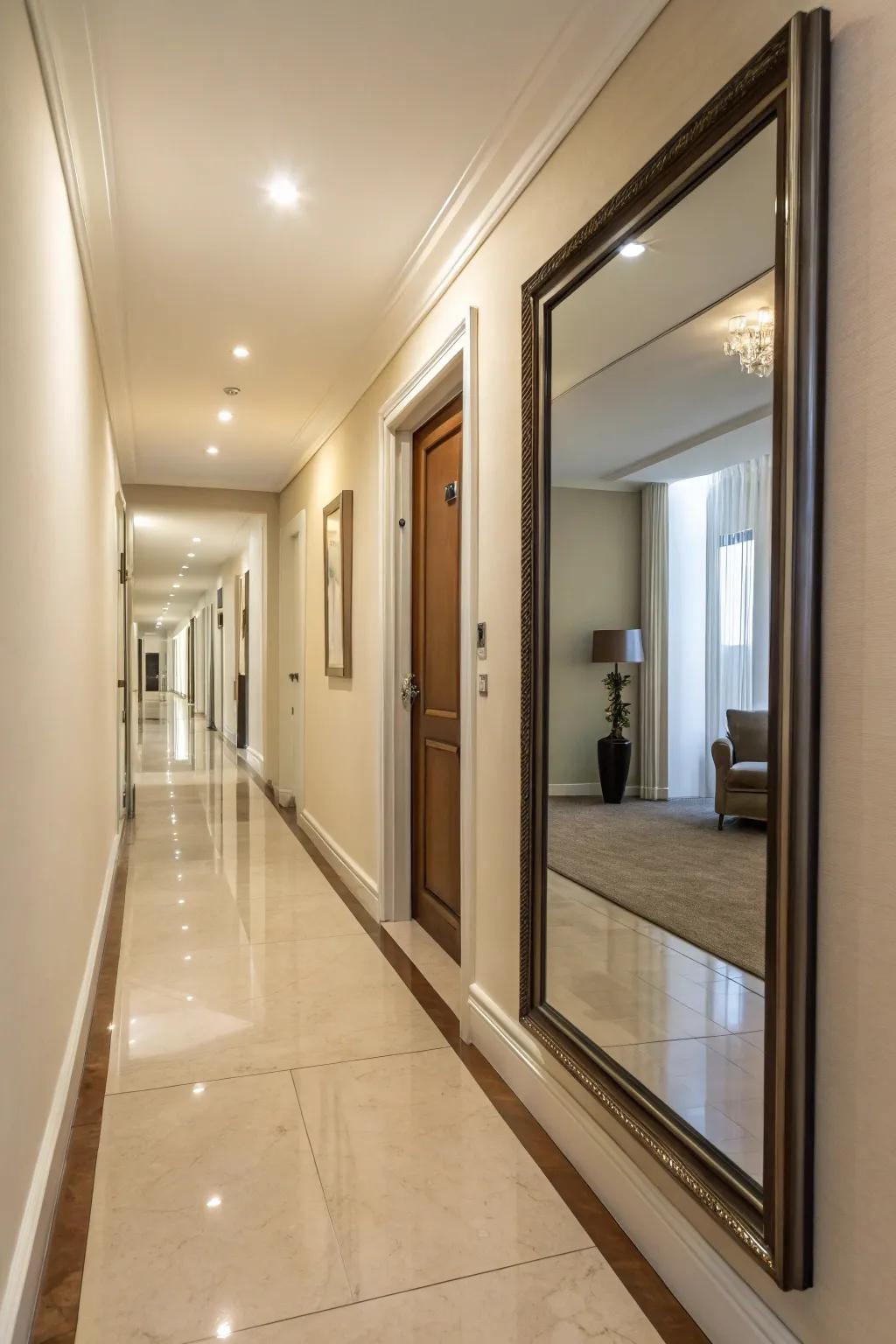 A generous mirror visually enlarges the hallway and maximizes light.