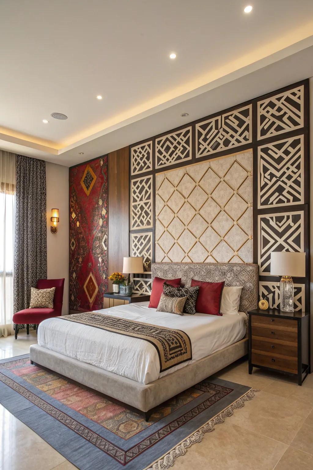 This contemporary bedroom is given character by a striking accent wall.