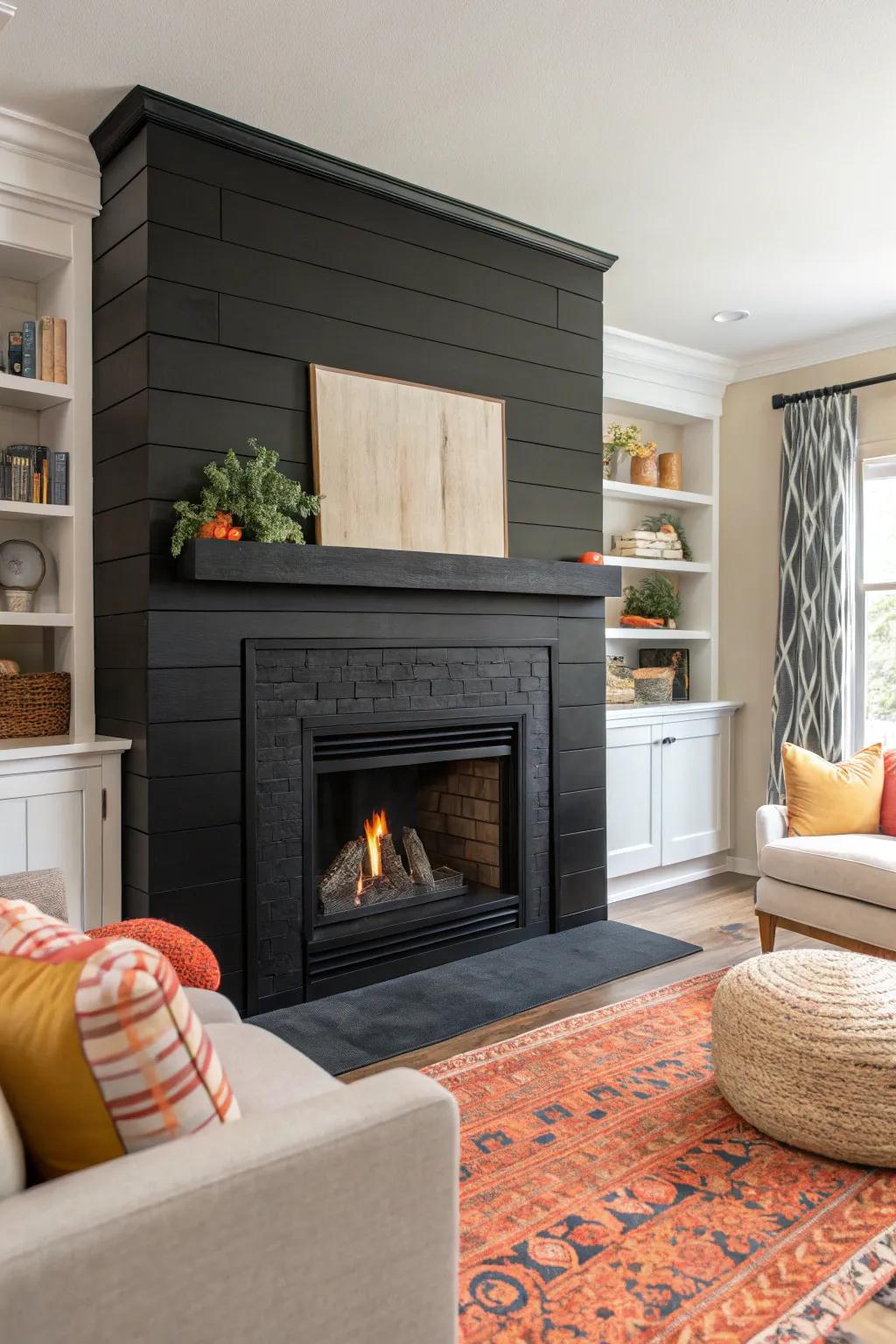 A contemporary living space featuring a striking matte black shiplap fireplace.