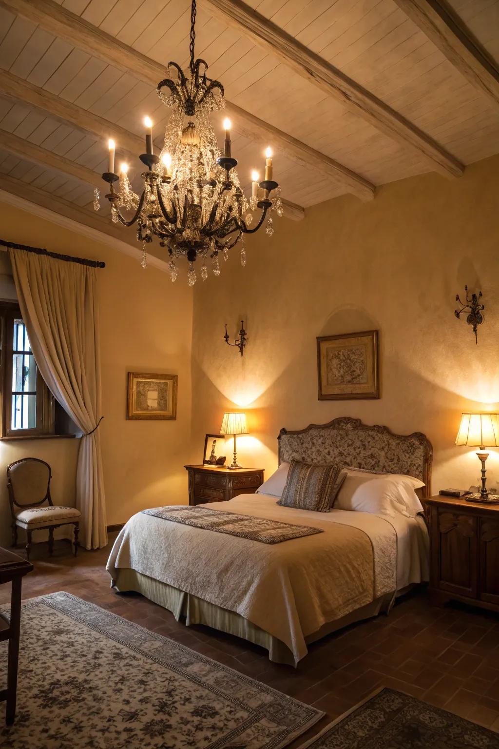 A bedroom brightened with soft ambient lights and a chandelier.
