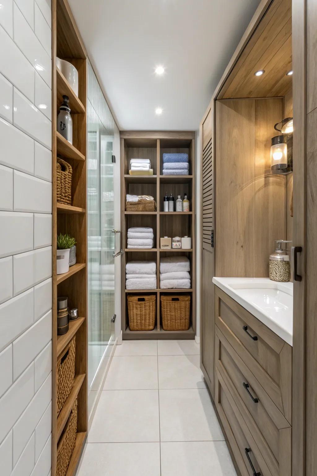 Vertical storage maximizes usable space in narrow bathrooms.