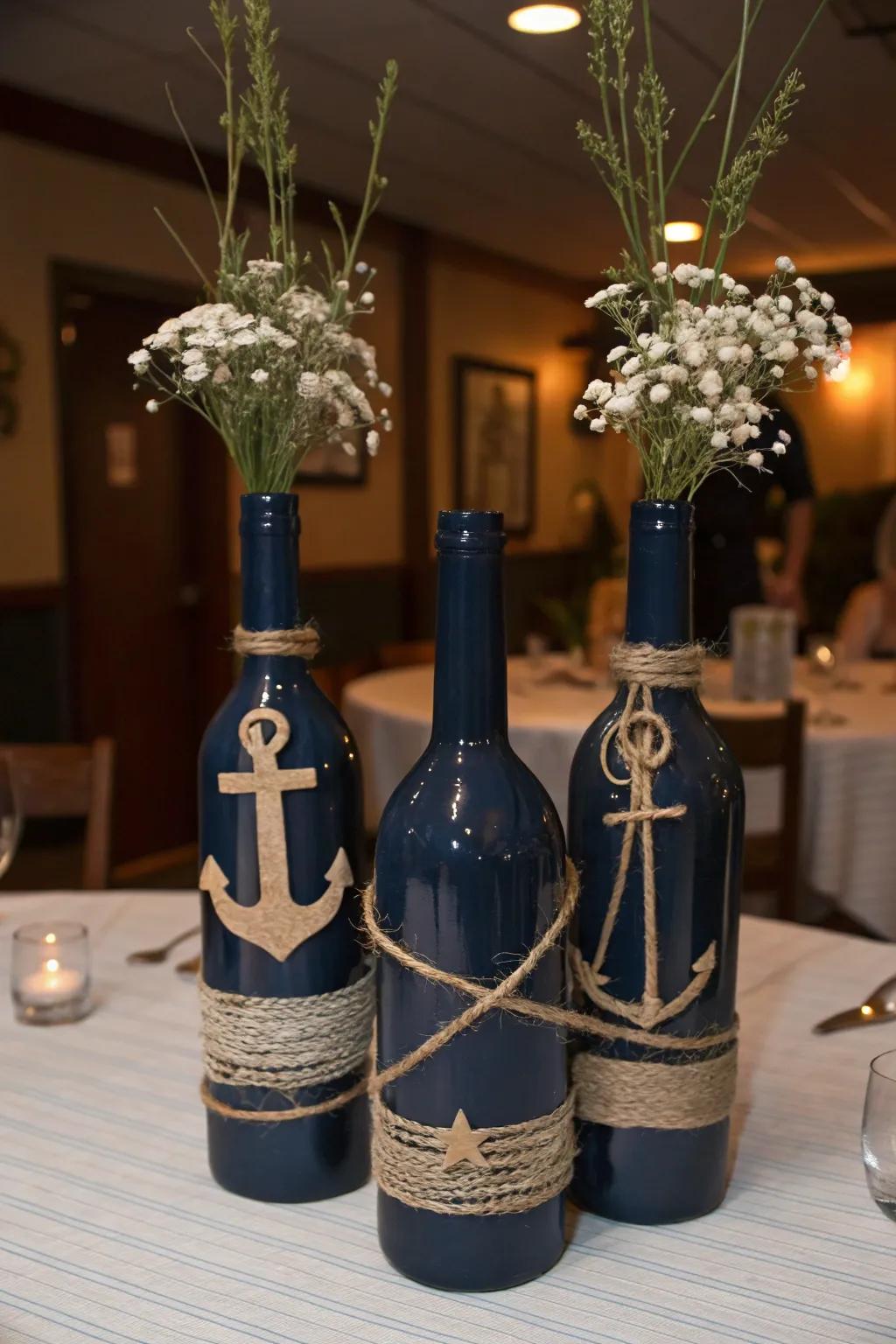 Upcycled wine bottles make chic nautical decor.