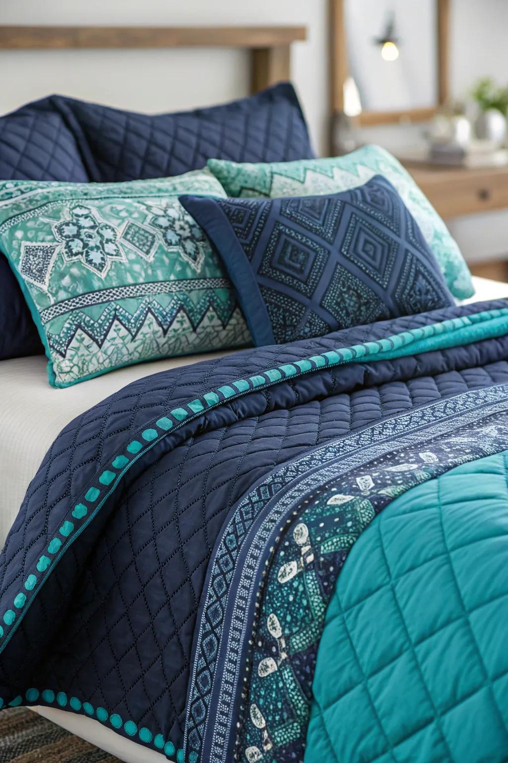 Multi-layered bedding in navy and teal creates a restful haven.