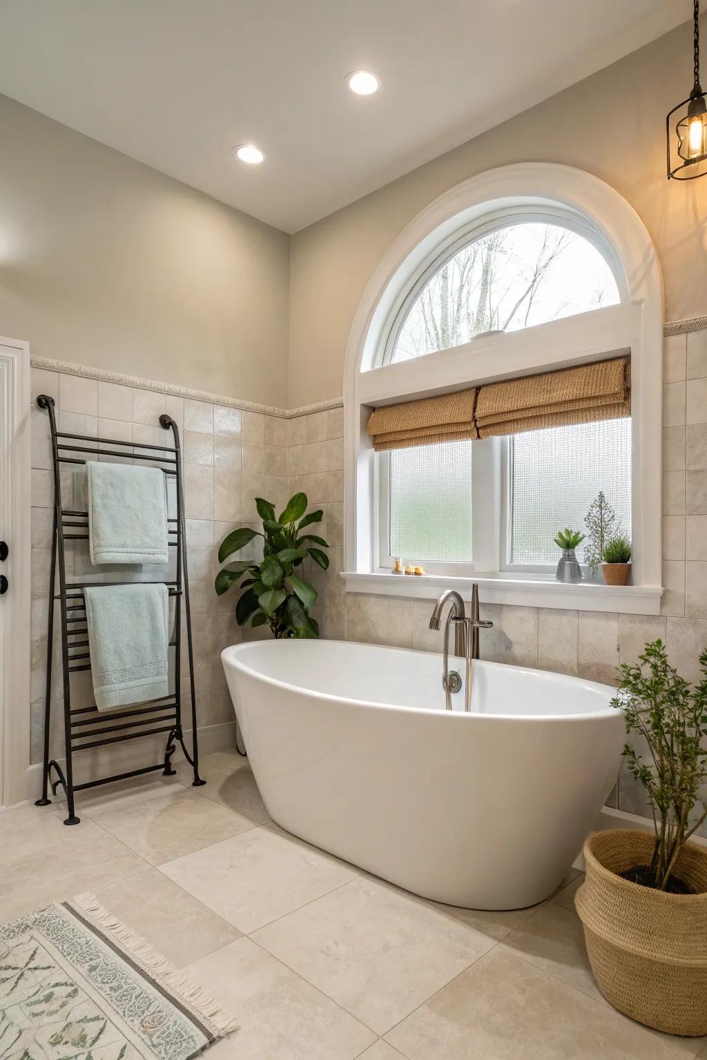 A freestanding bathtub serves as a luxurious centerpiece.