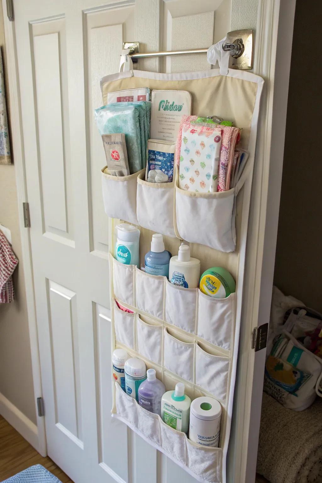 Handy over-the-door organizer designed for vital baby products.