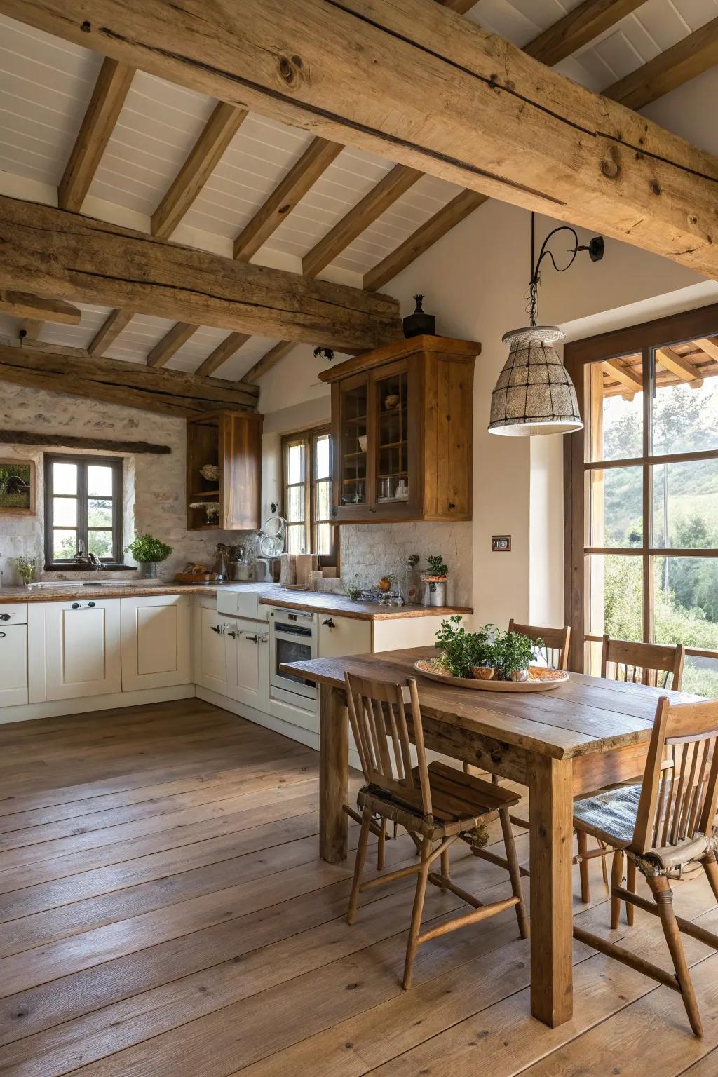 Wooden beams and flooring introduce warmth to the kitchen area.