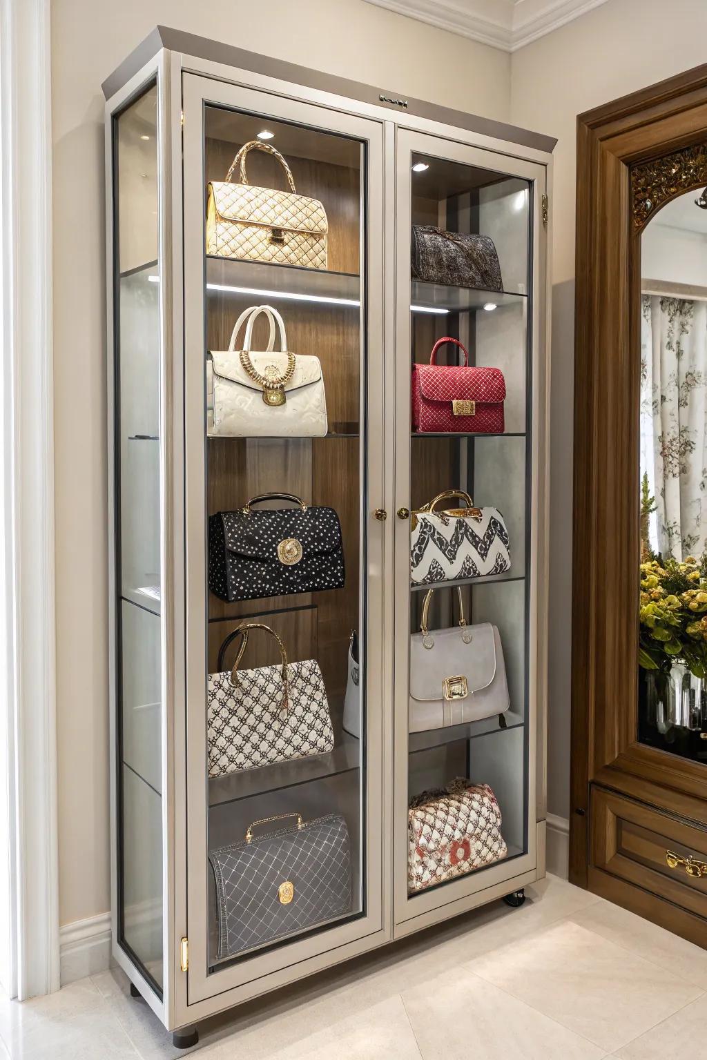 A purse cabinet can elevate your closet's style while keeping bags protected.