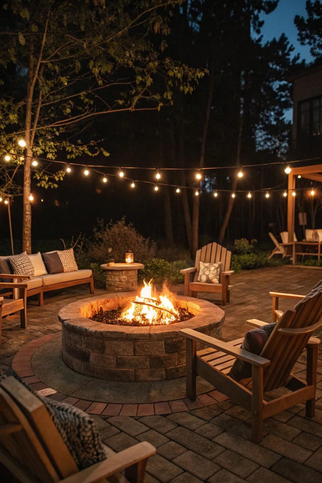 Construct a snug gathering spot with a brightly lit fire pit.