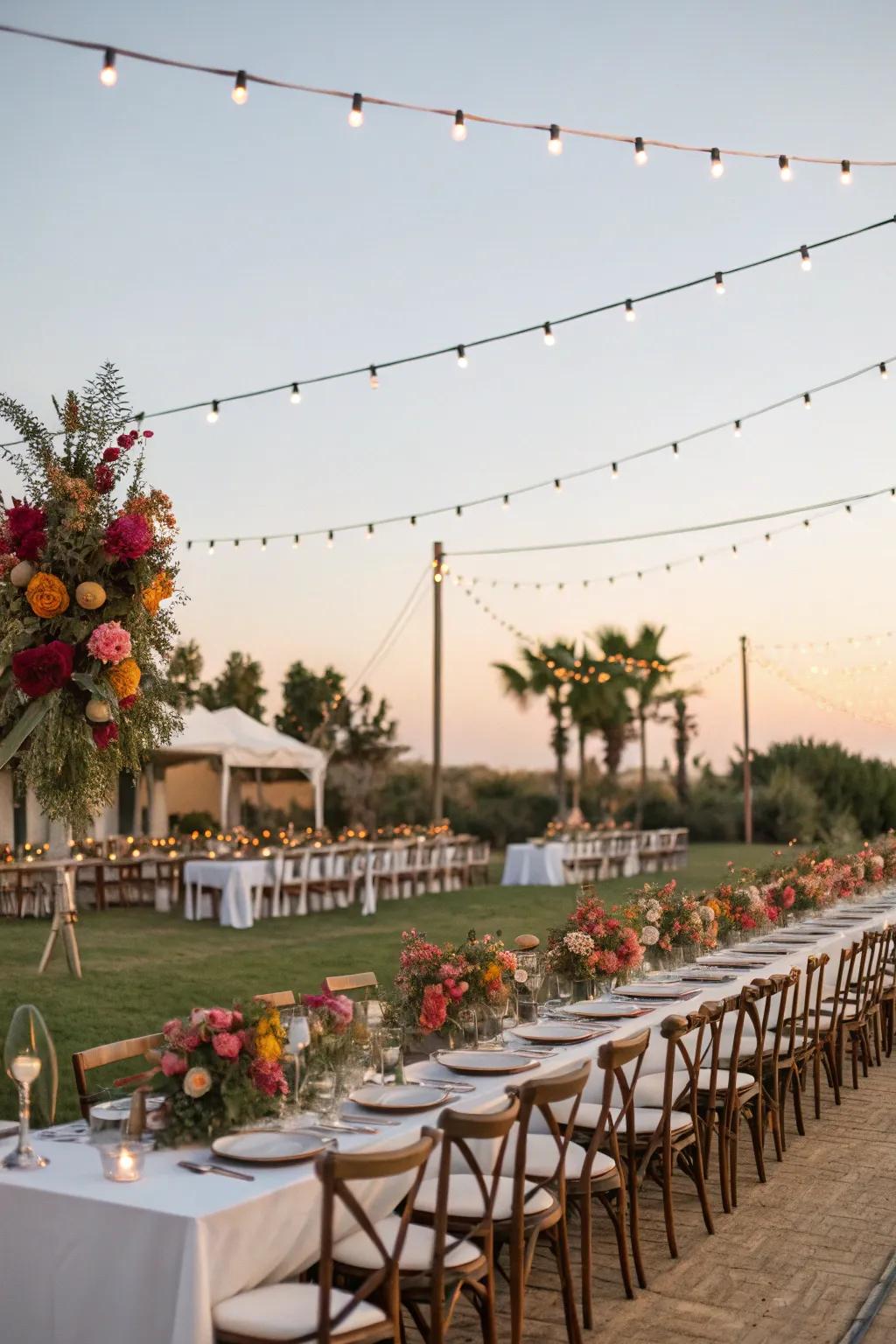 Banquet-style tables foster a communal and inviting atmosphere.