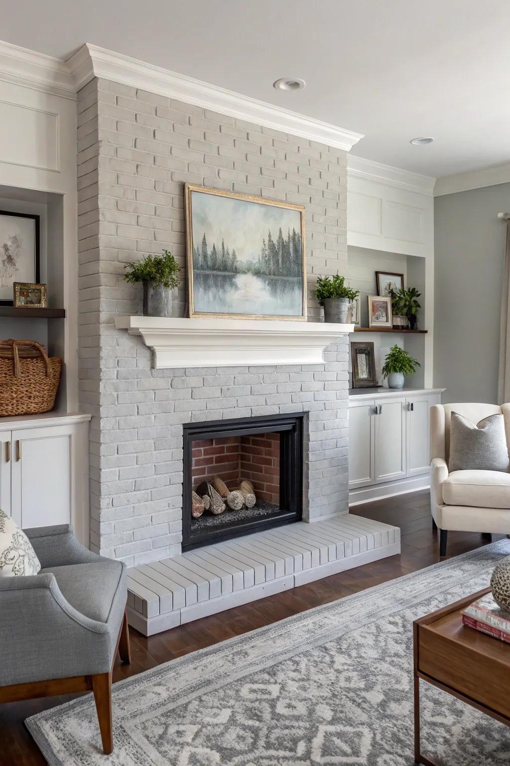 A fireplace painted in a subtle gray, radiating modern sophistication.