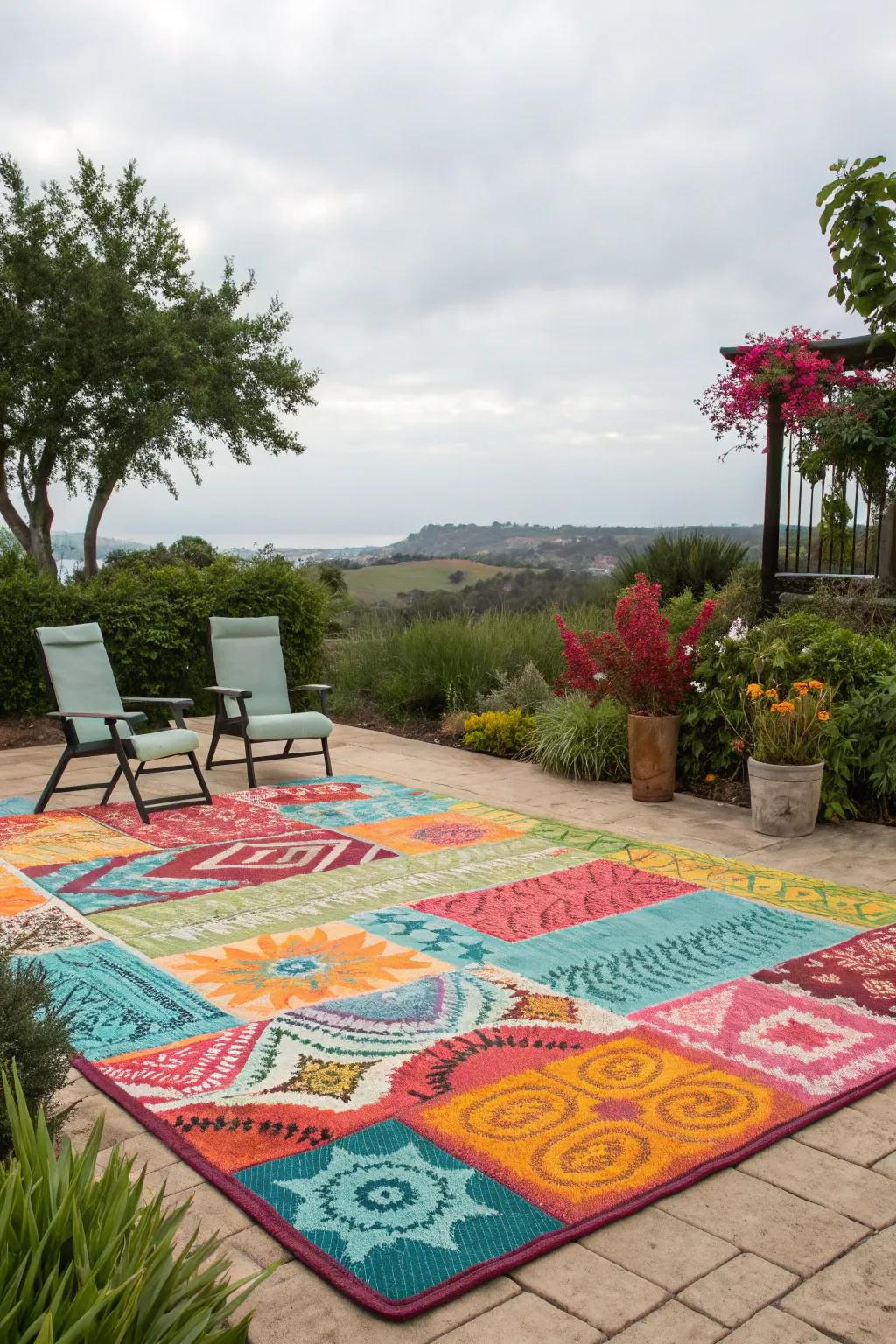 A bright outdoor carpet lightens up a minimalist patio sitting area.