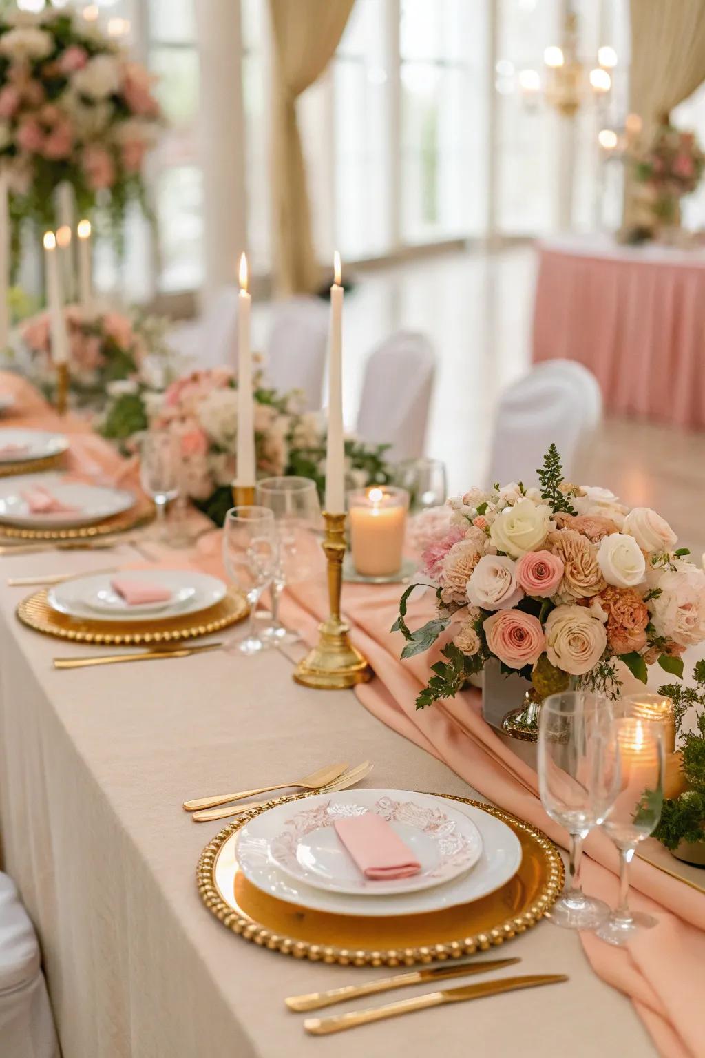 Opulent peach and gold table arrangements for an element of grandeur.