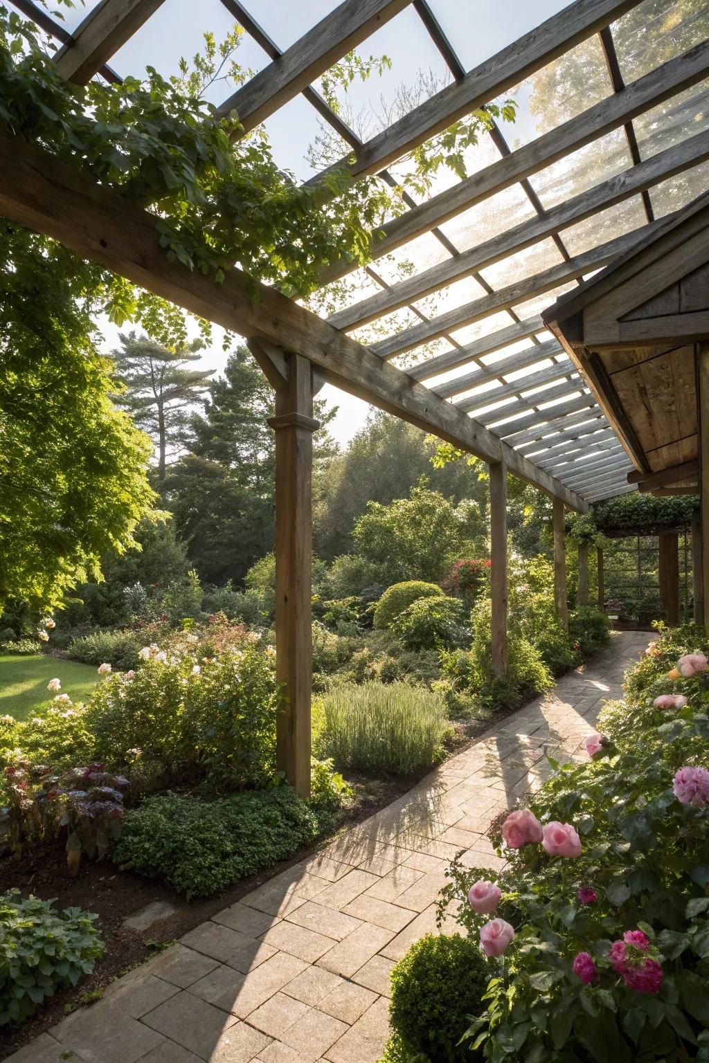 A pergola with a glass roof floods a charming garden setting with natural light.