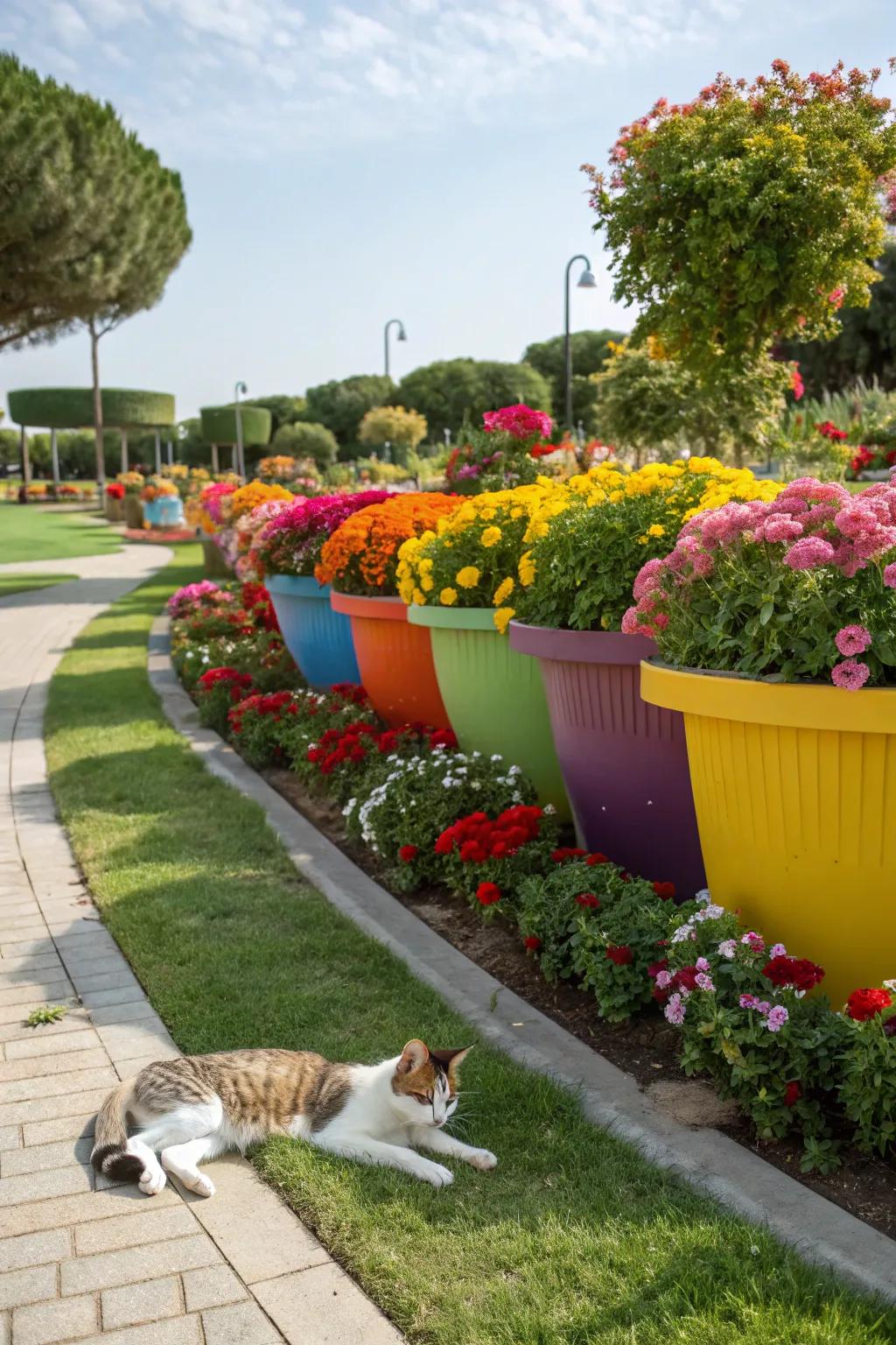 Decorative planters featuring pet-safe flowers enhance the garden's aesthetic.