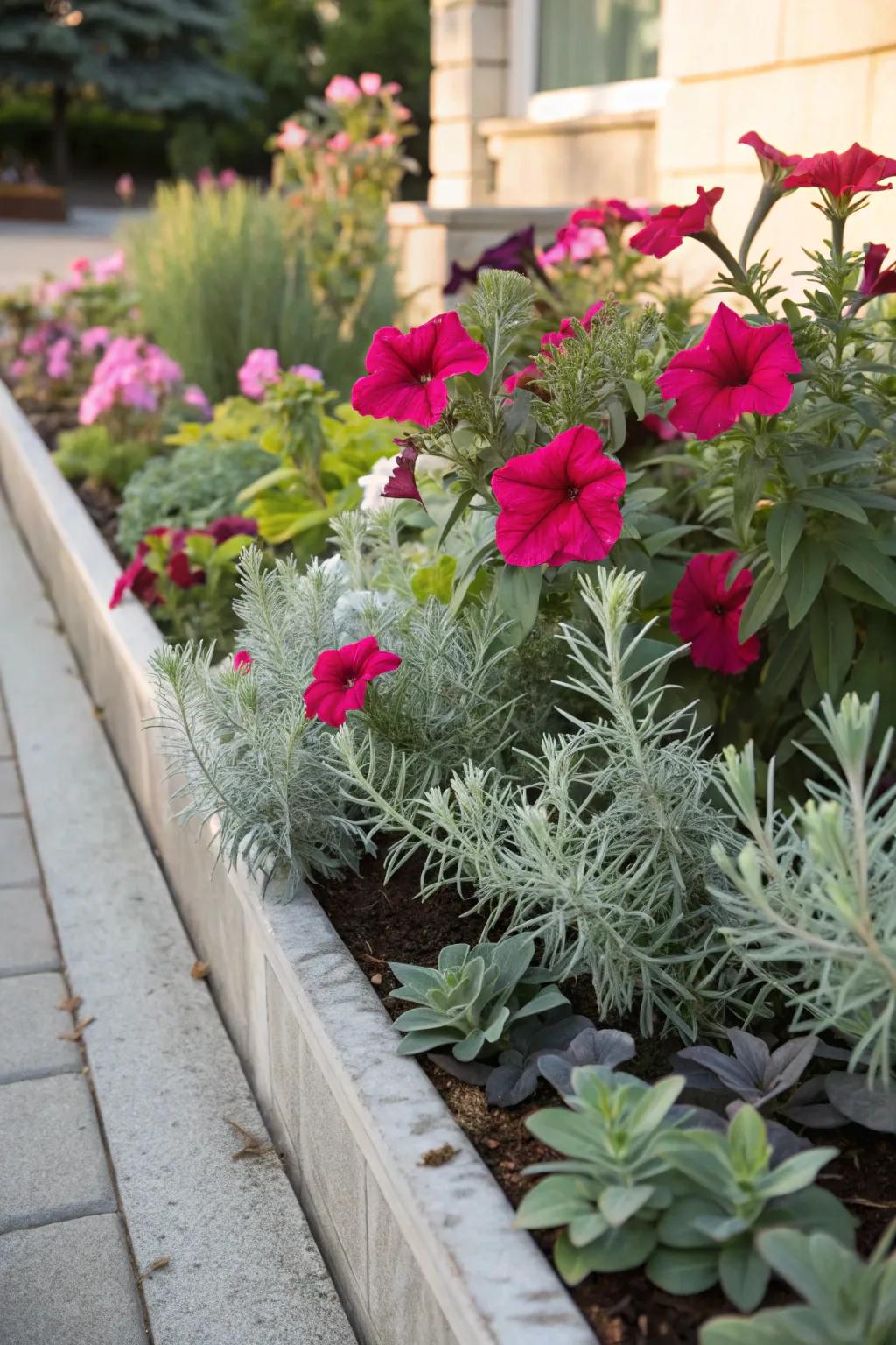 White lace flower imparts a subtle touch to striking petunias, leading to a harmonious garden aesthetic.