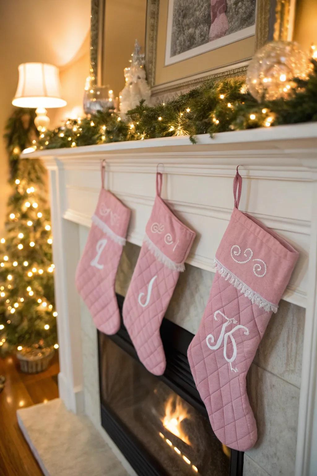 Individualized rosy stockings deliver joy to the mantel.