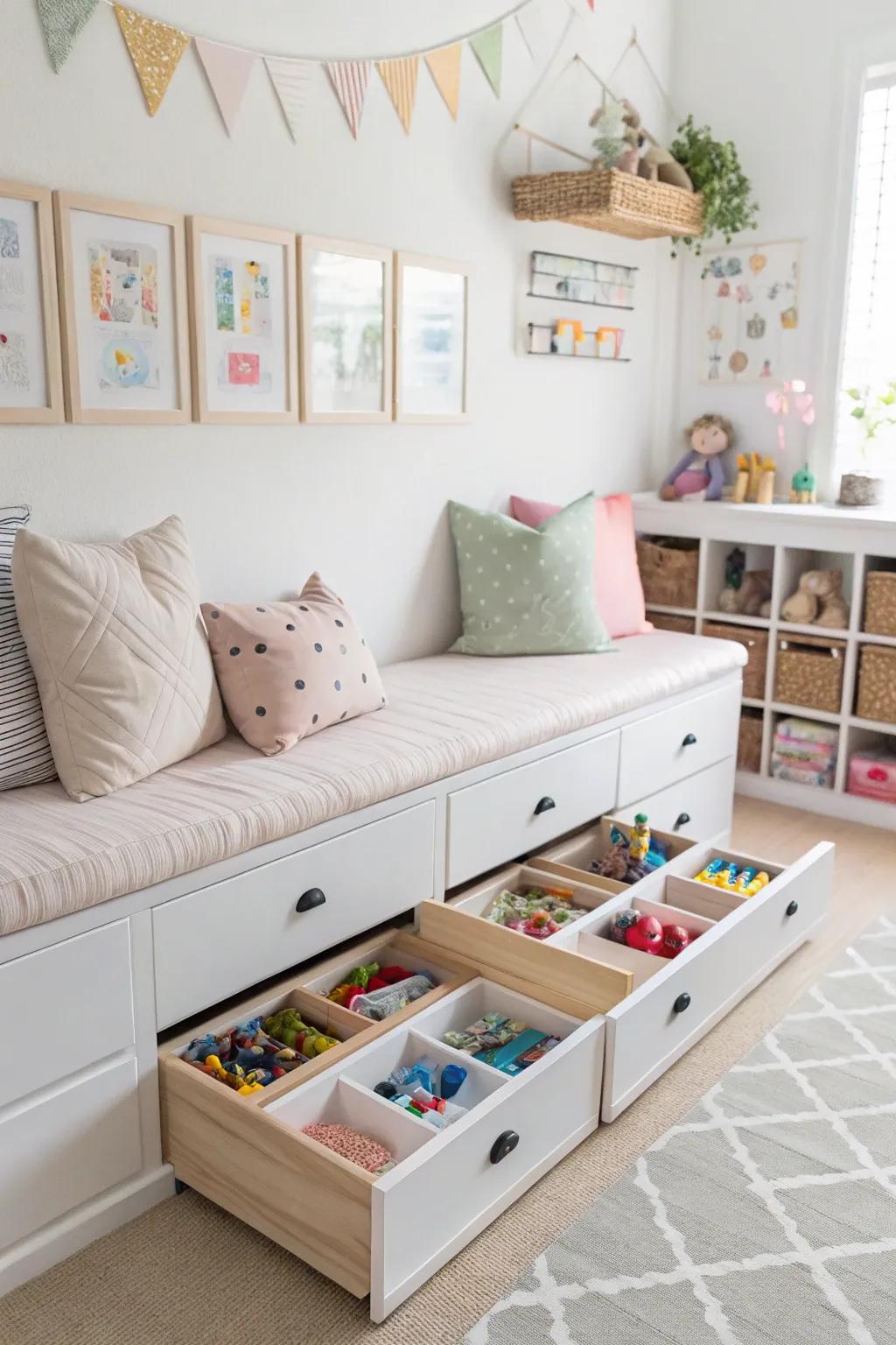 A playroom showing a storage bench that stores toys neatly.