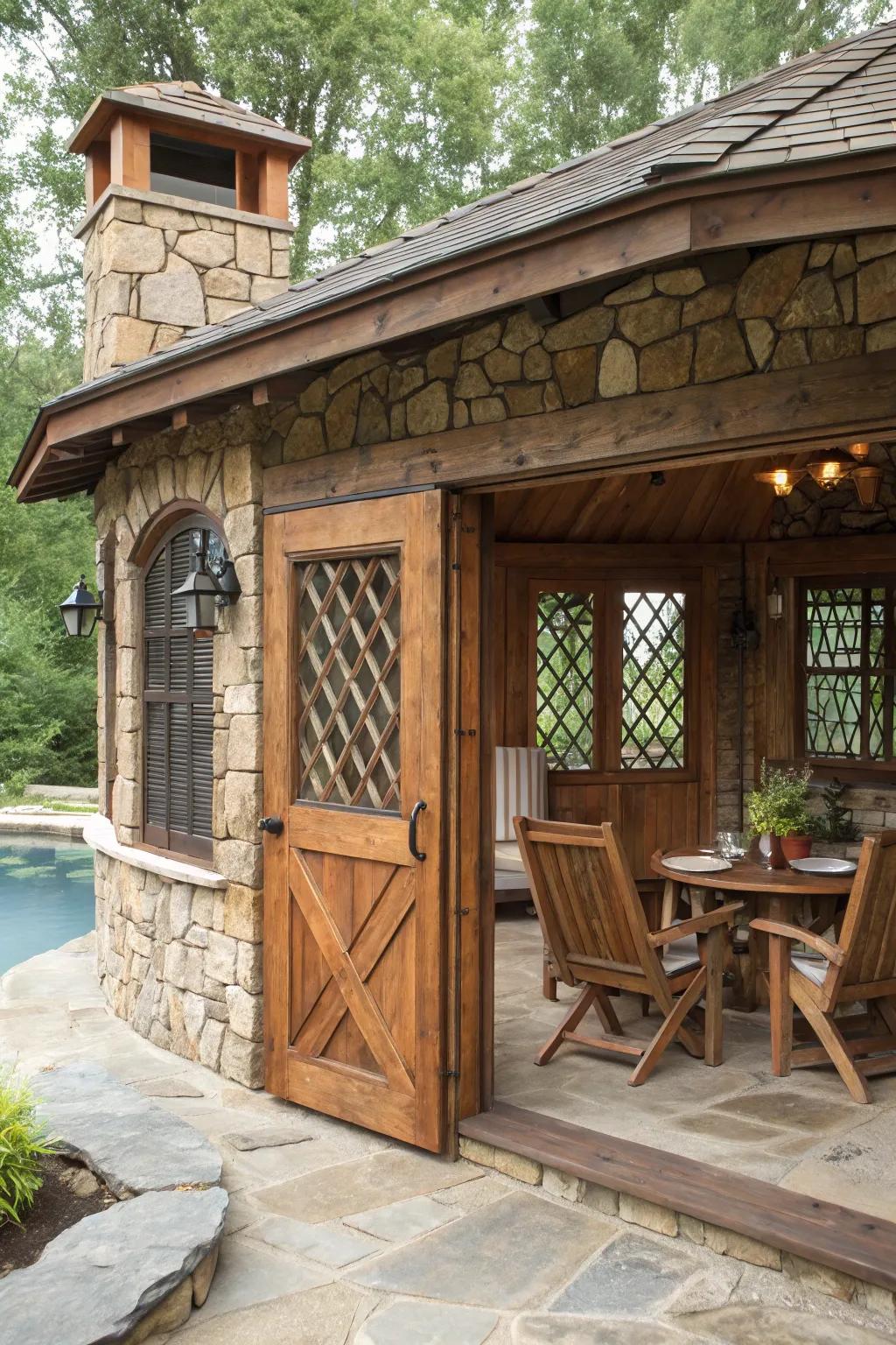 A rustic cabana featuring natural wood and stone, perfect for cozy gatherings.