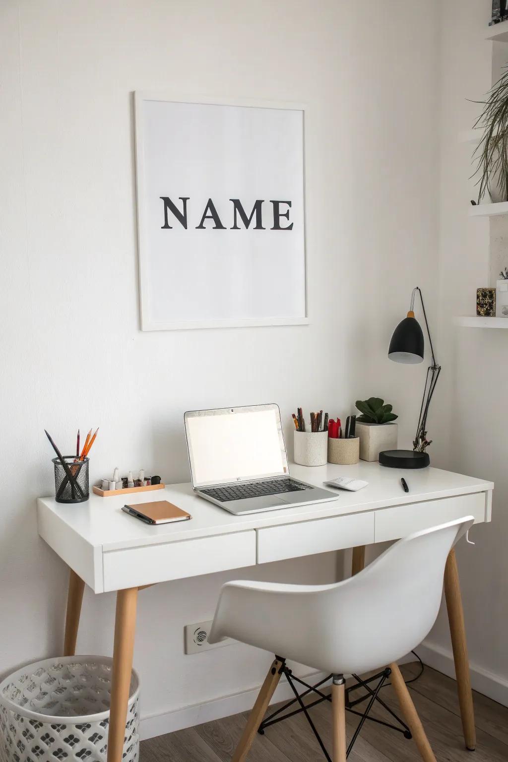 An elegant monochrome name sign enhances a minimalist workspace.