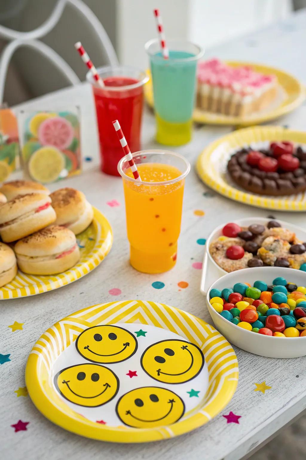 Retro happy face plates add a playful touch to your party.