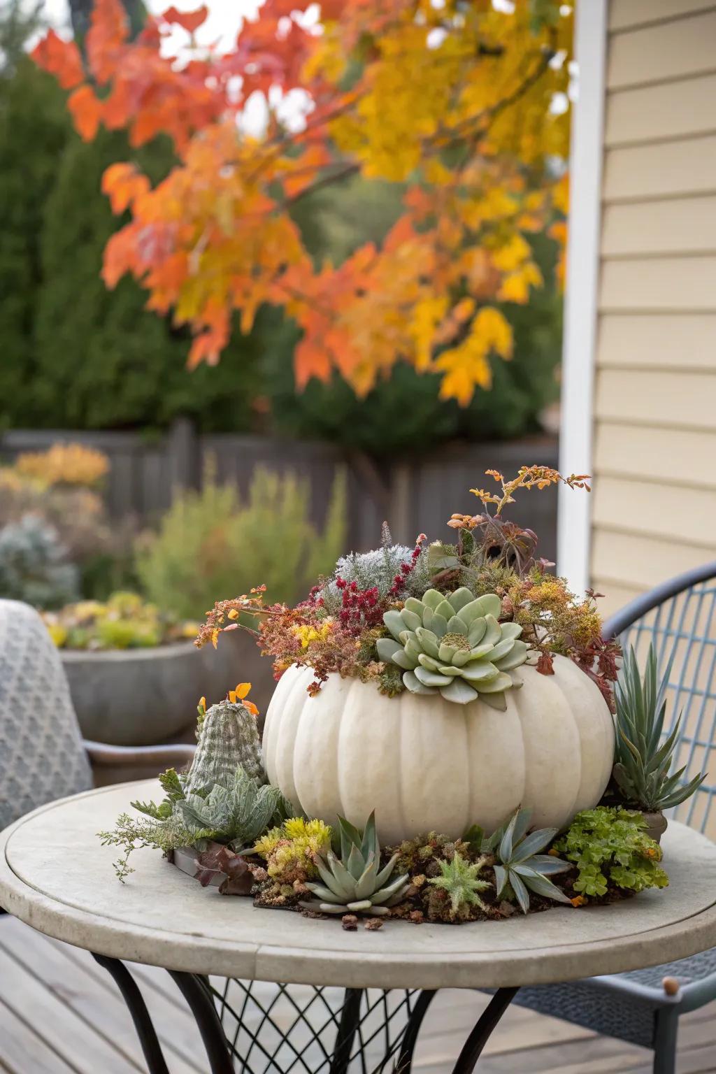 A pumpkin creatively transformed into an elegant succulent container.