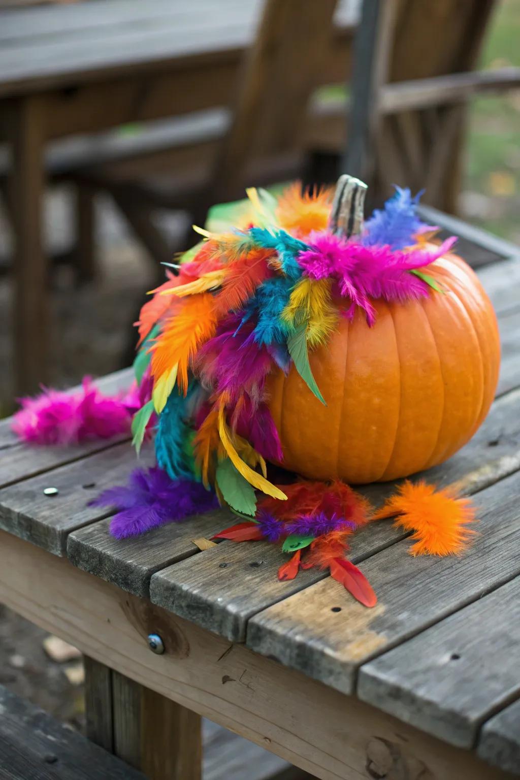 Adorn your pumpkin with brilliant feathered wings for a lively design.