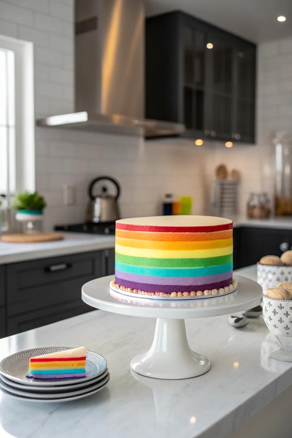 Elegant sculpted sugar ribbons add a stylish dimension to the spectrum confection.