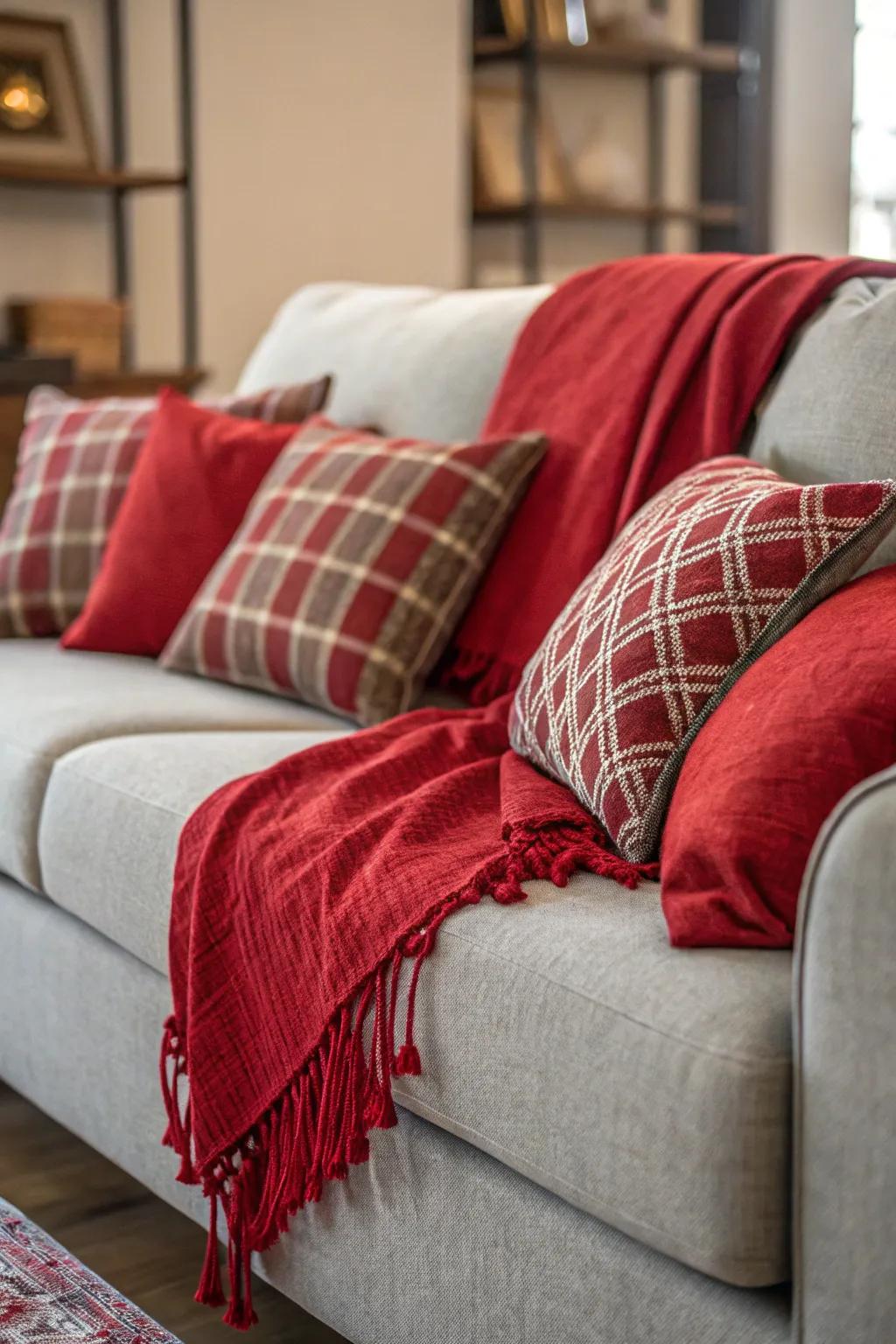 A silver sofa embellished with scarlet throws for an inviting sensation.