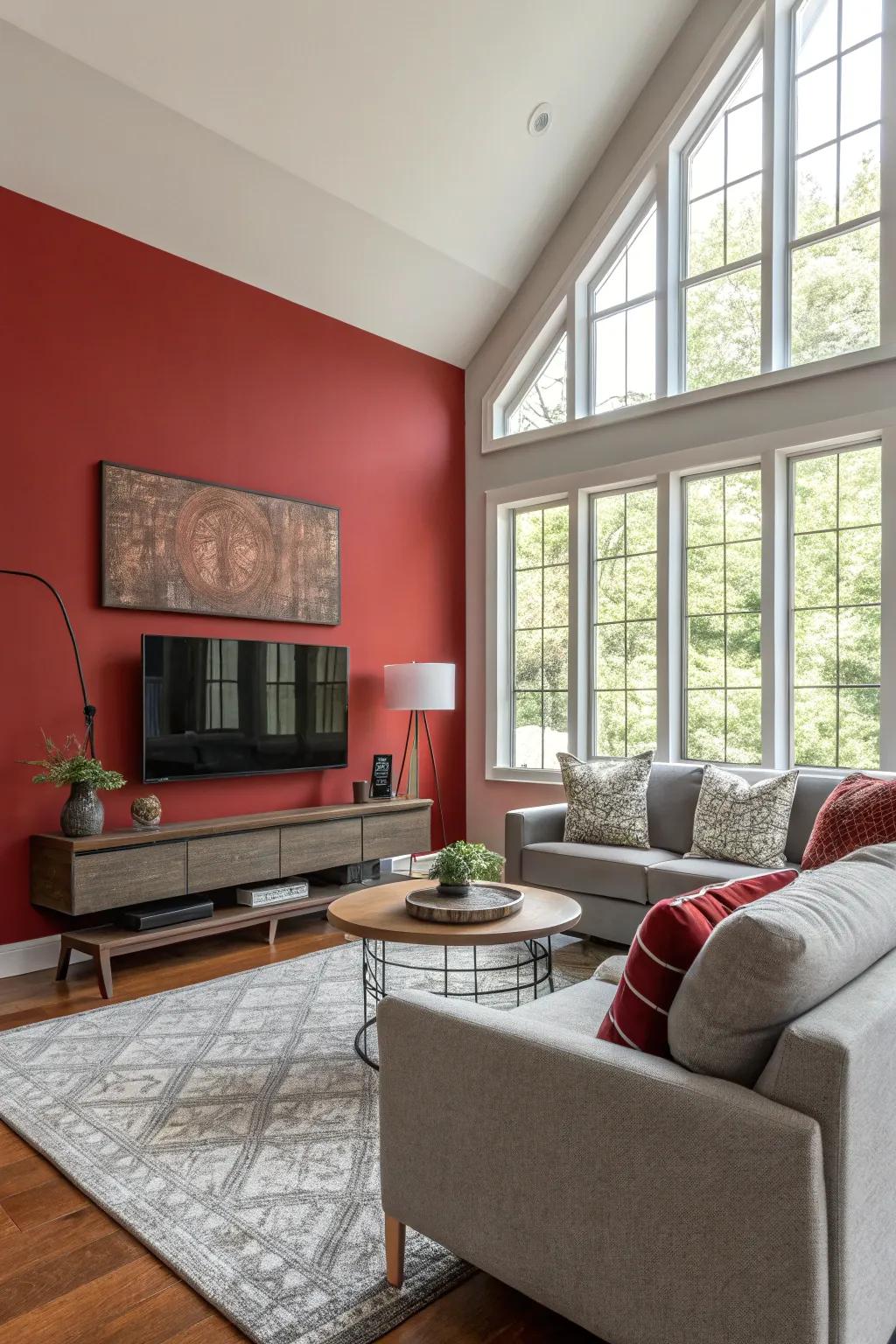 A vibrant red feature wall commands attention, setting a bold statement against a backdrop of neutral shades.