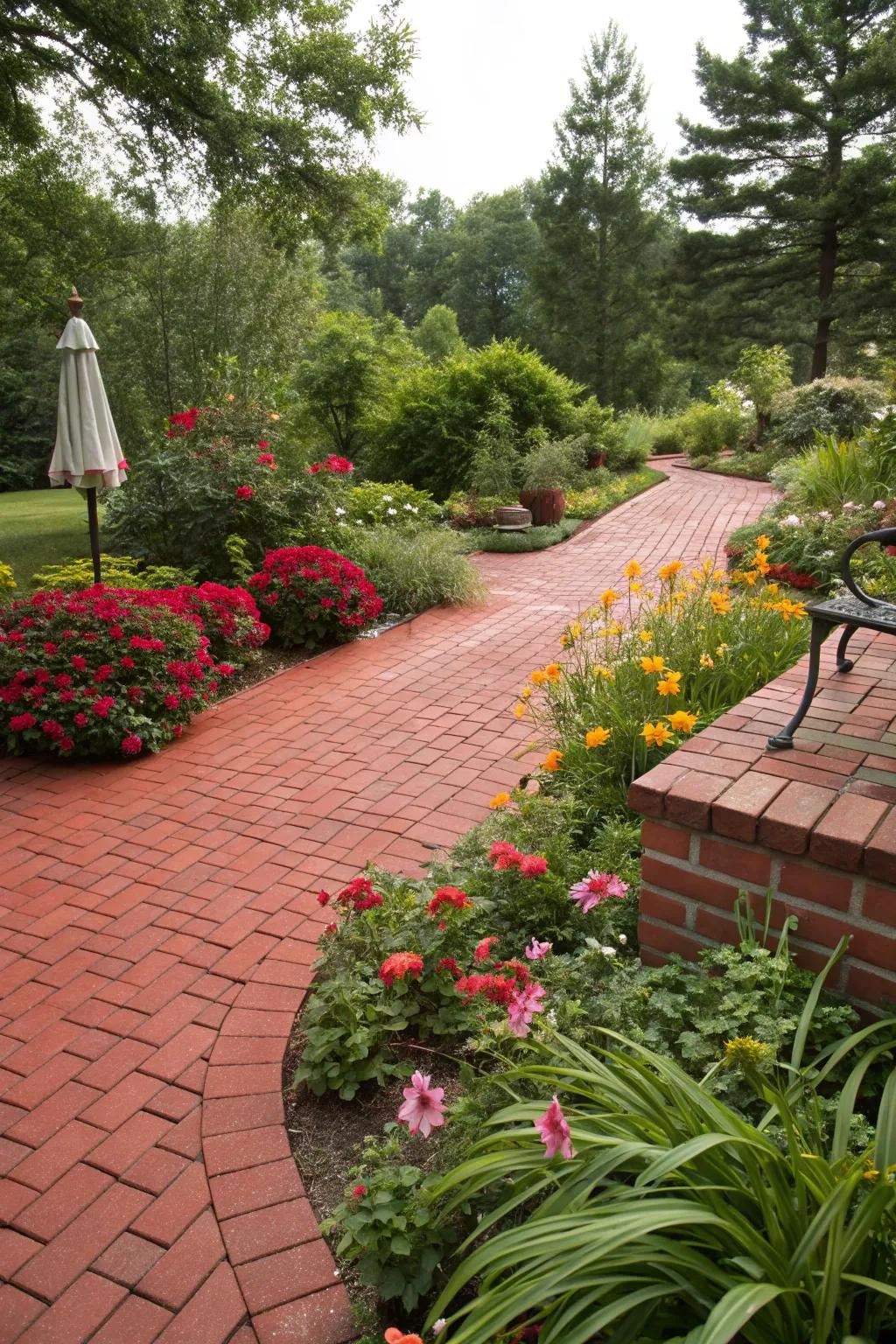 A red brick patio complimented by lush garden foliage