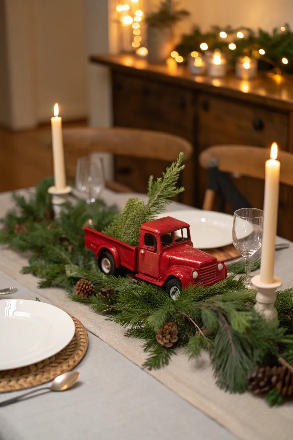 Country-style dining table showcasing a scarlet pickup as the centerpiece.
