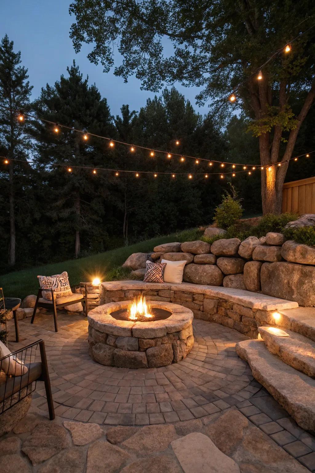 An inviting fire pit spot with stone wall seating ideal for night get-togethers.