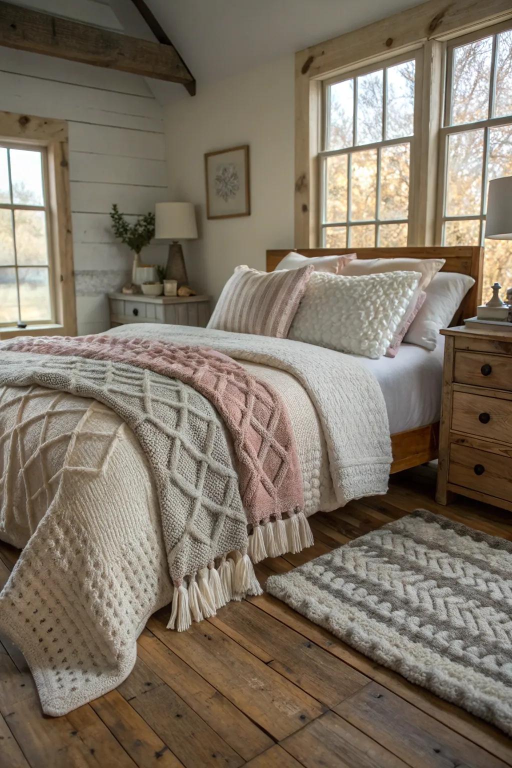 Textured bedding amplifies snugness.