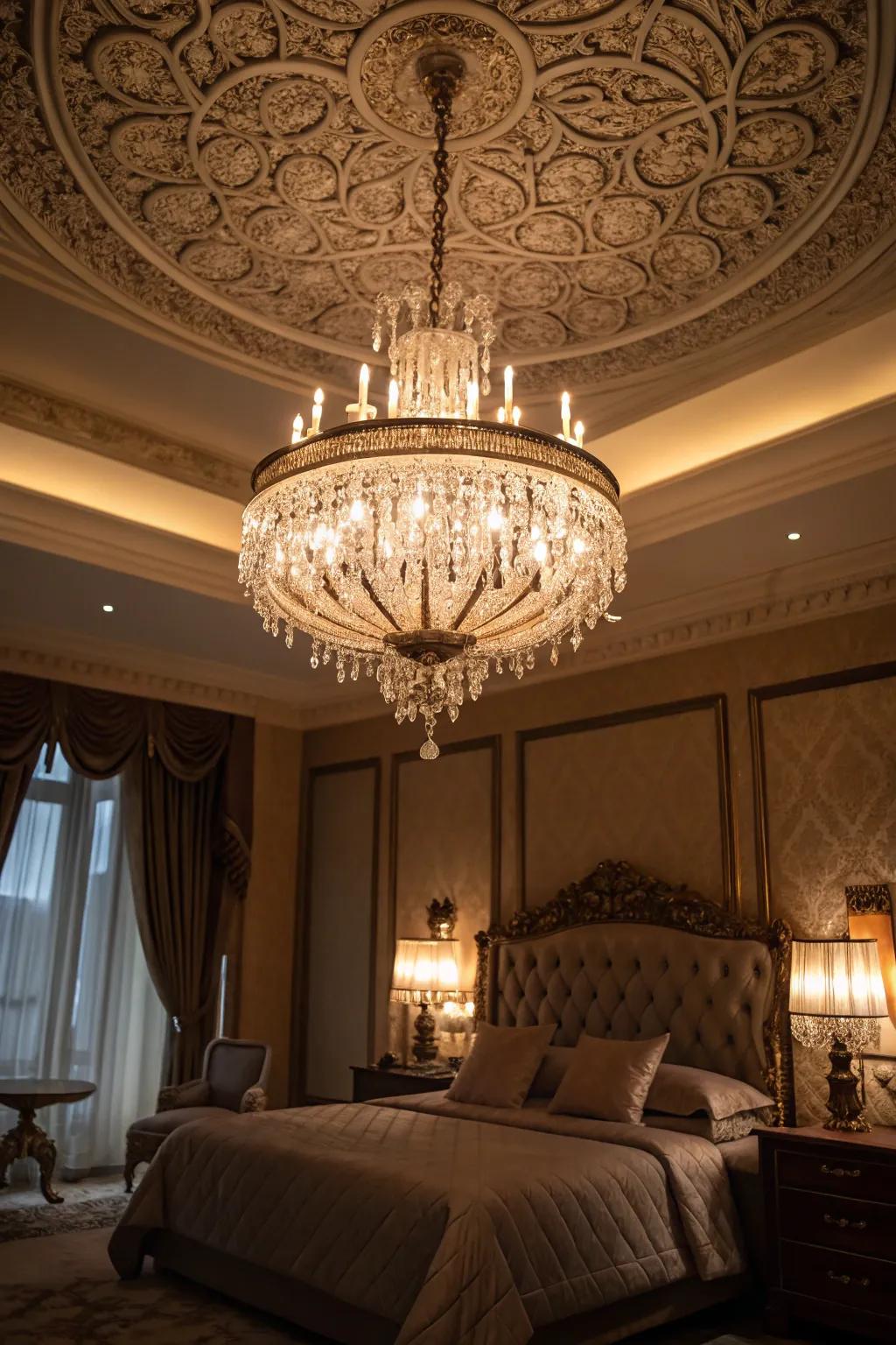 A crystal chandelier adds elegance and warmth to this royal bedroom.