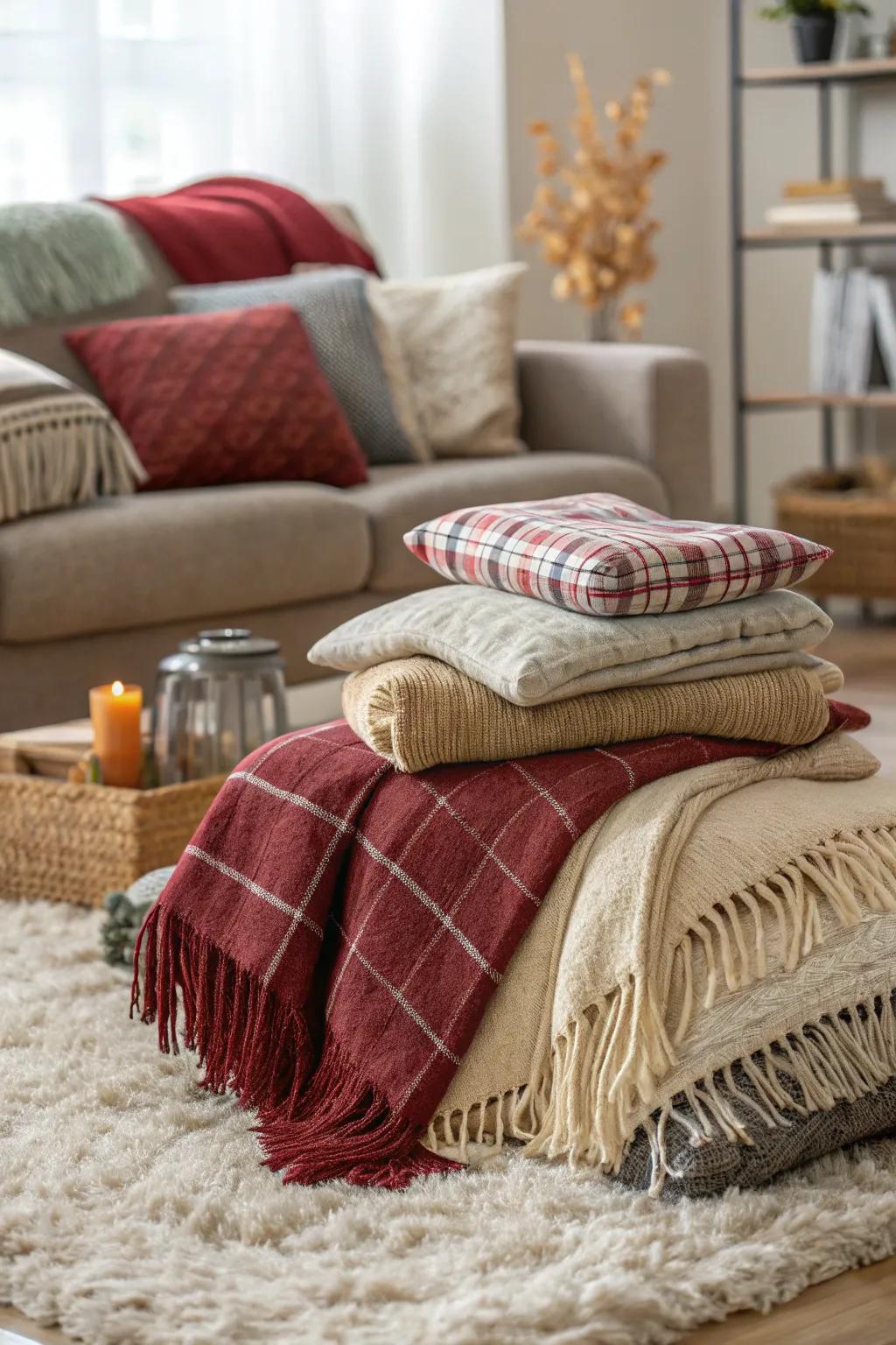 Layered textiles creating warmth and comfort in a living room.
