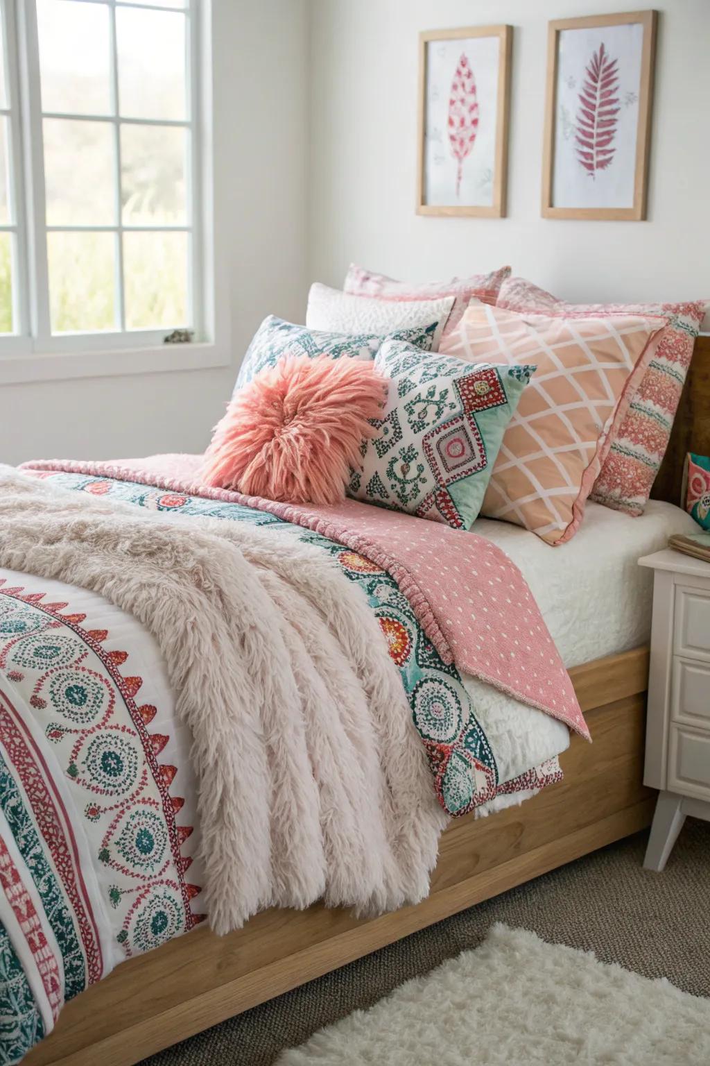 Layered bedding creates a cozy and inviting atmosphere.
